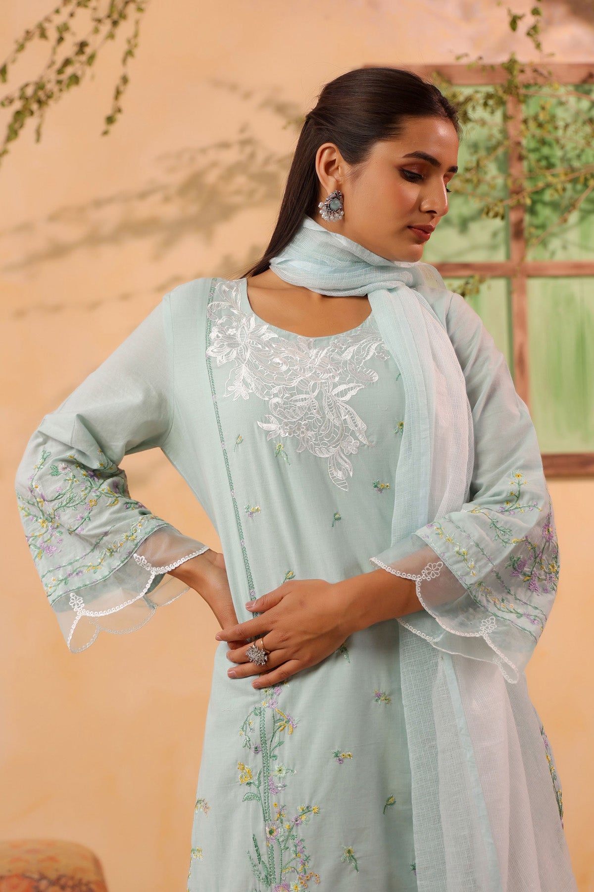 Mint Green Cotton Embroidered Kurta Set