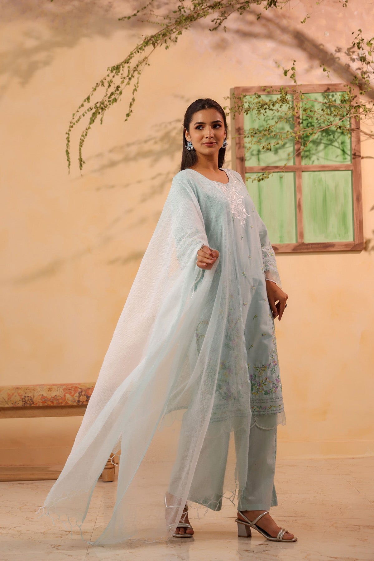 Mint Green Cotton Embroidered Kurta Set