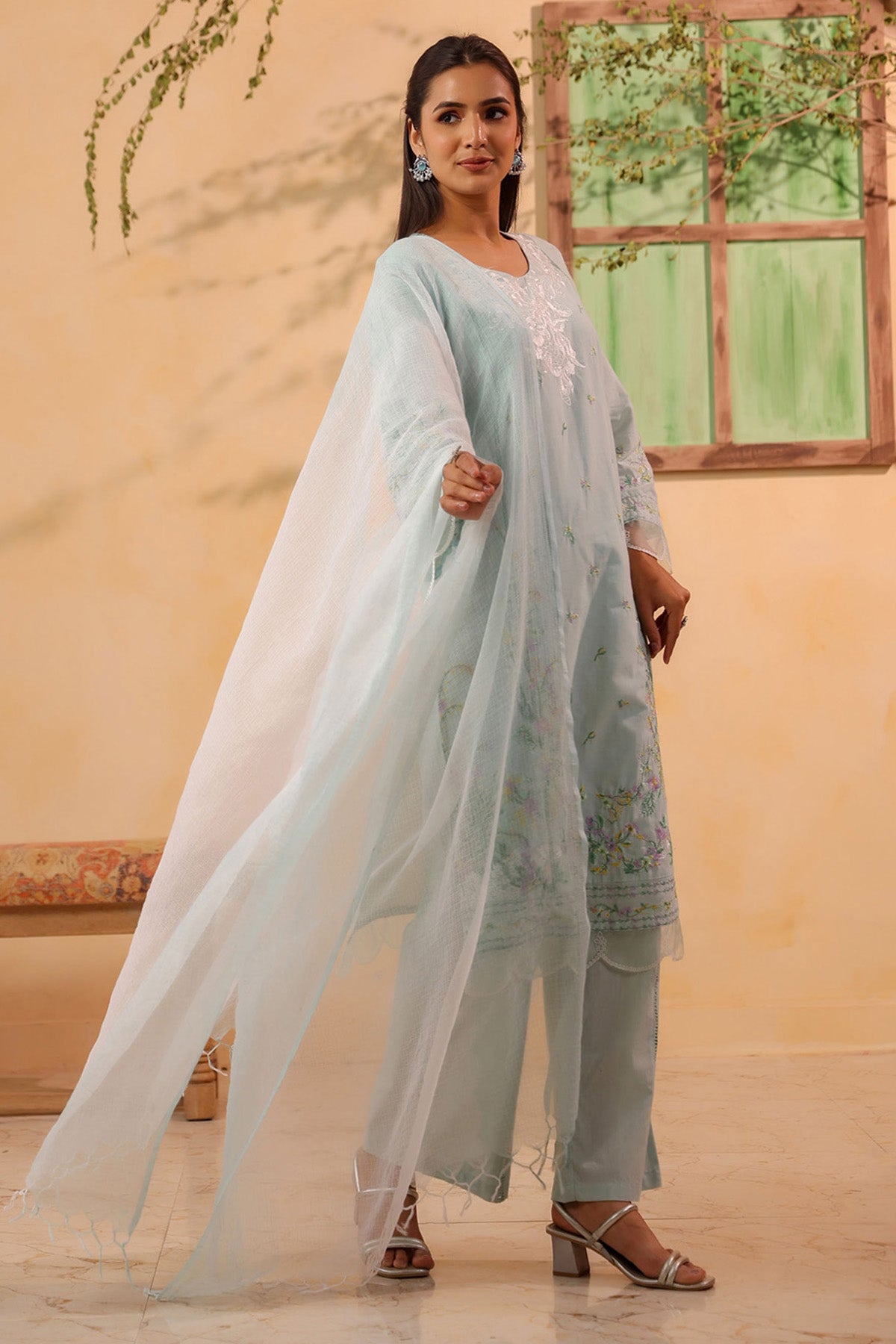 Mint Green Cotton Embroidered Kurta Set
