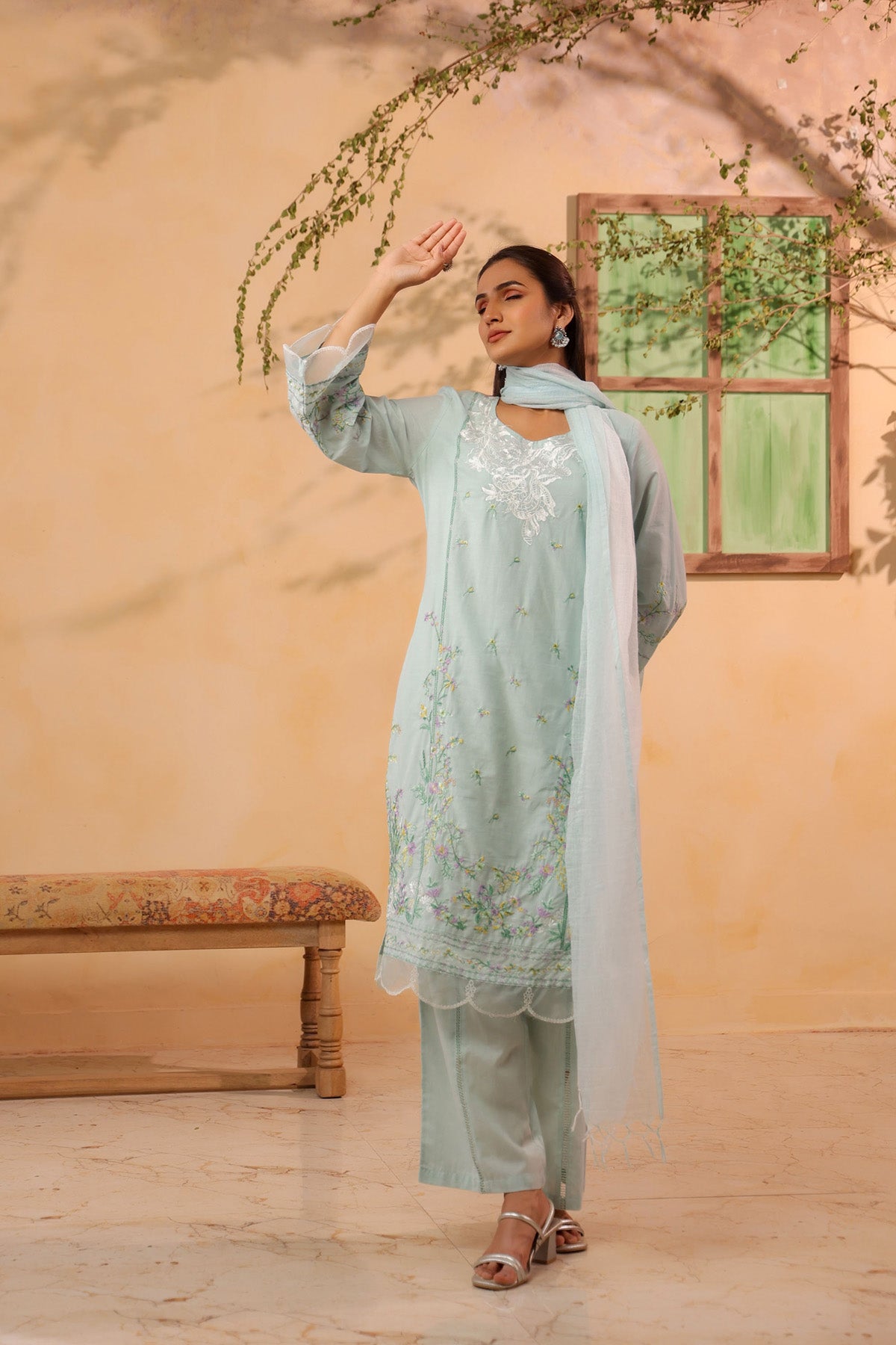 Mint Green Cotton Embroidered Kurta Set