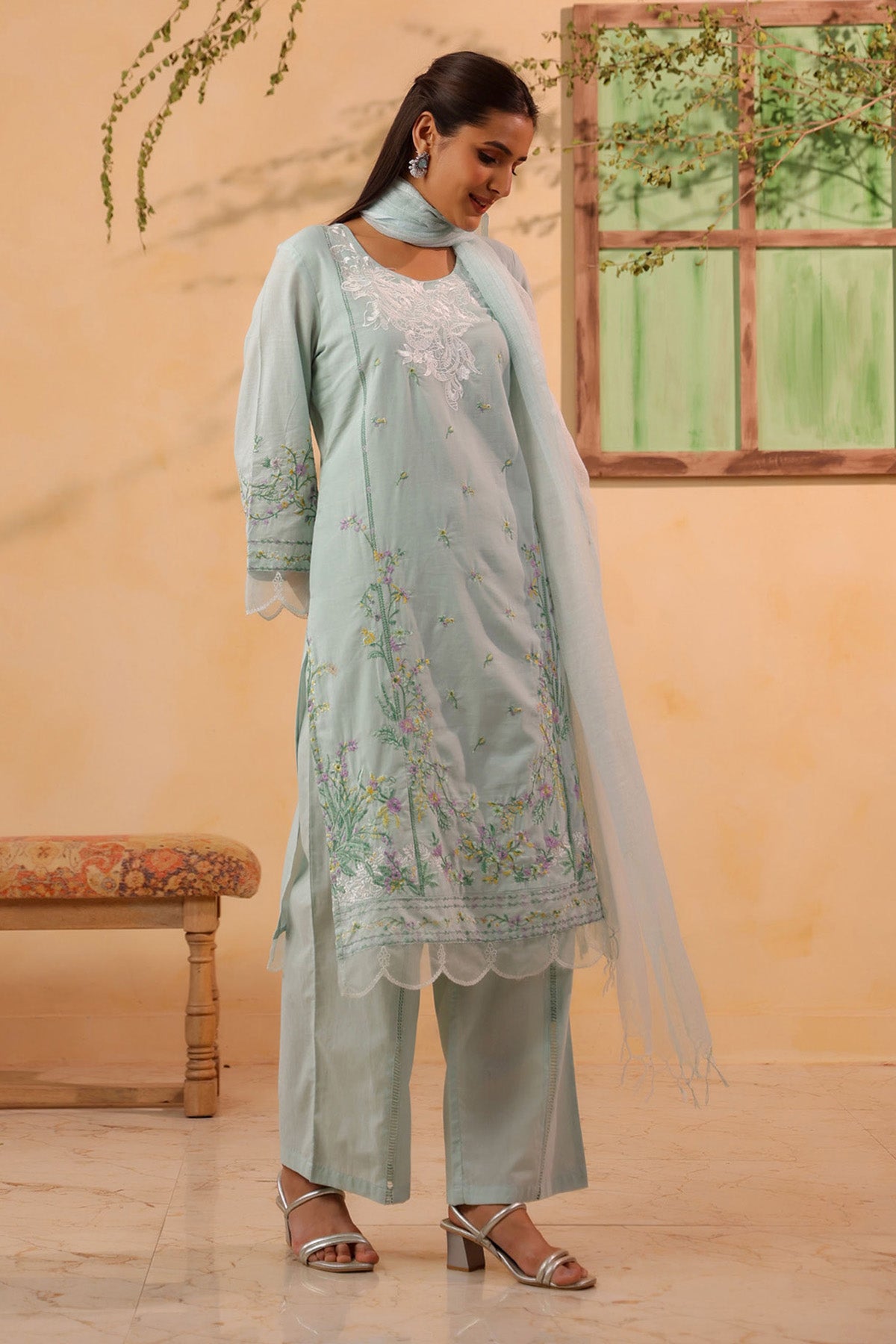 Mint Green Cotton Embroidered Kurta Set