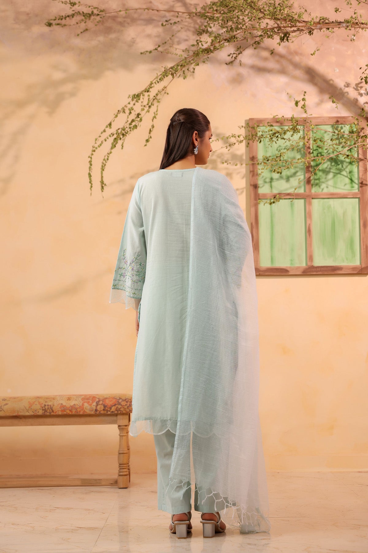 Mint Green Cotton Embroidered Kurta Set