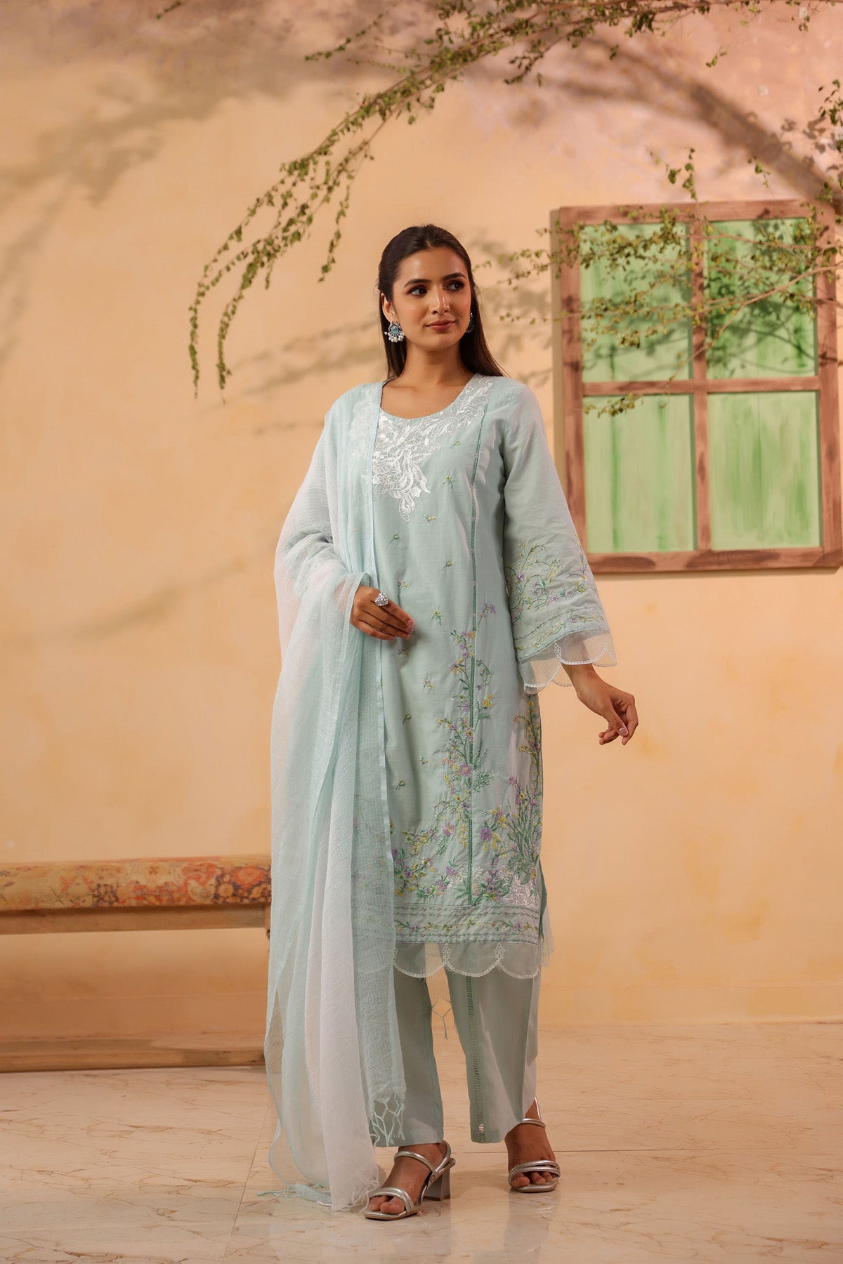 Mint Green Cotton Embroidered Kurta Set