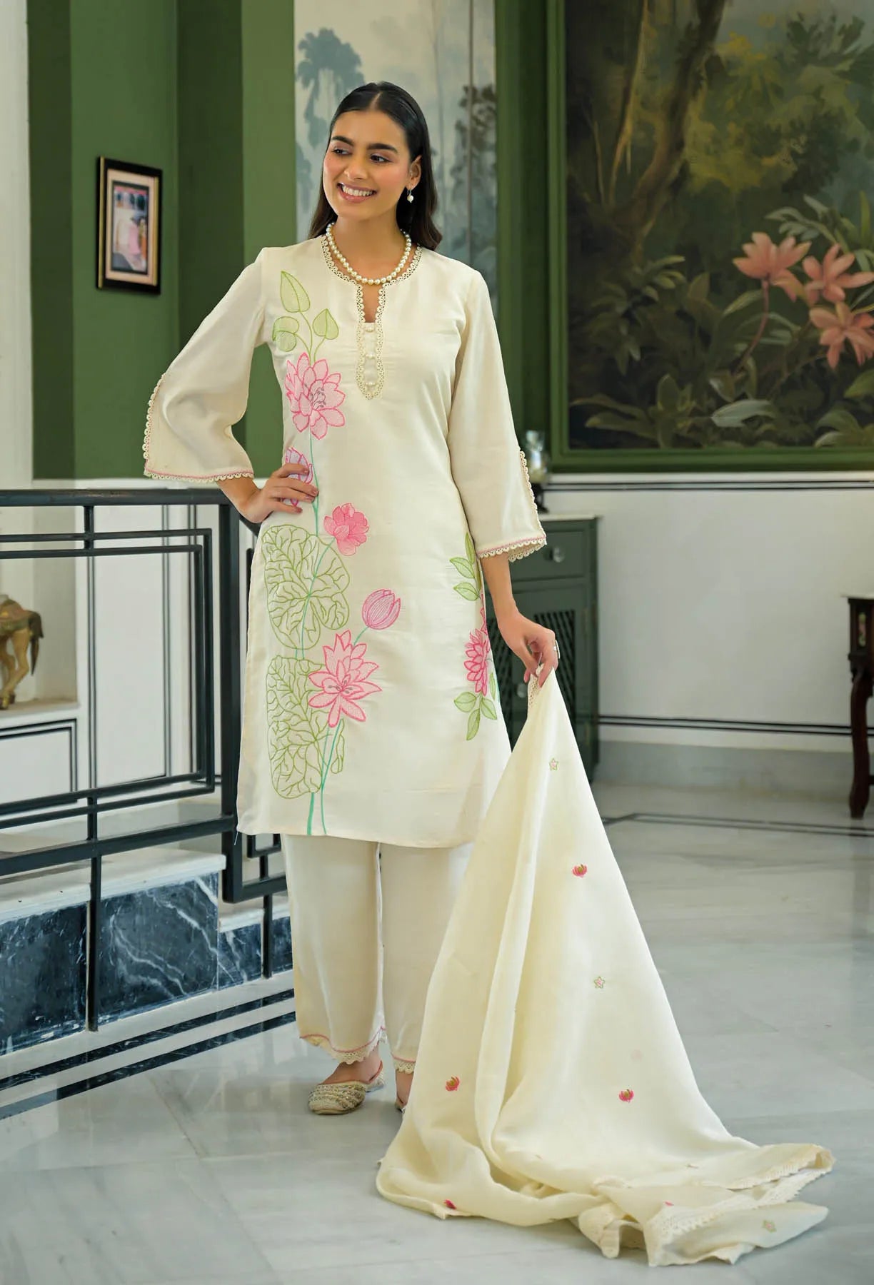 Cream White Chanderi Embroidered Pakistani Suit Set | Bairaas