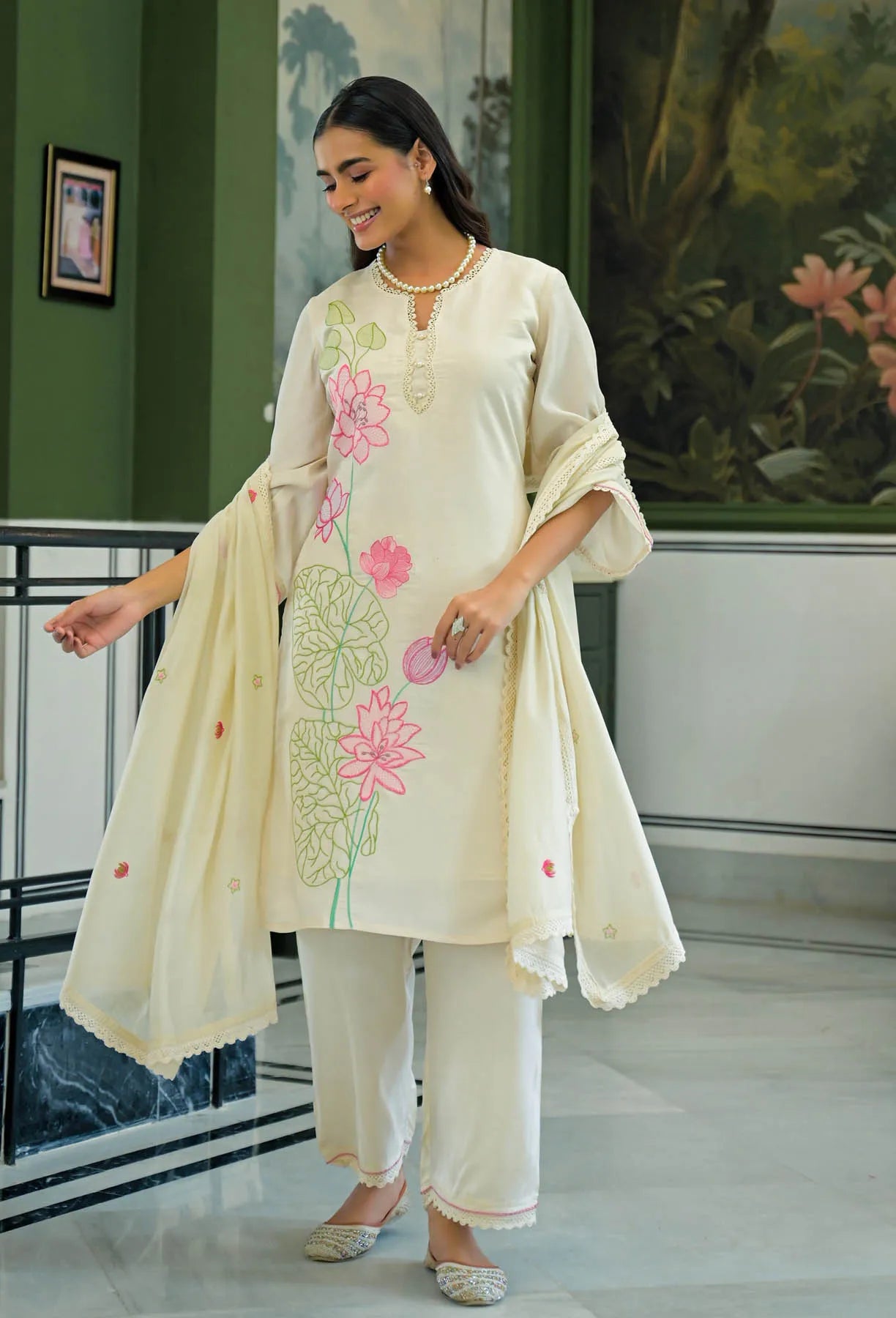 Cream White Chanderi Embroidered Pakistani Suit Set | Bairaas