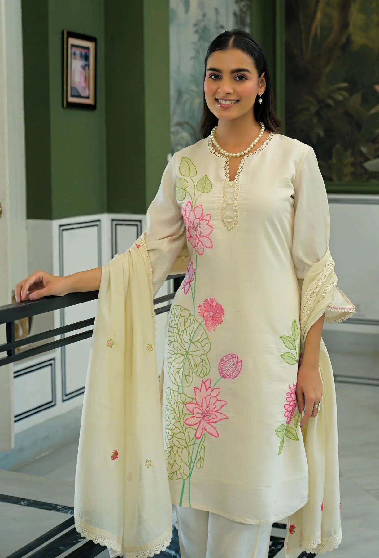 Cream White Chanderi Embroidered Pakistani Suit Set | Bairaas