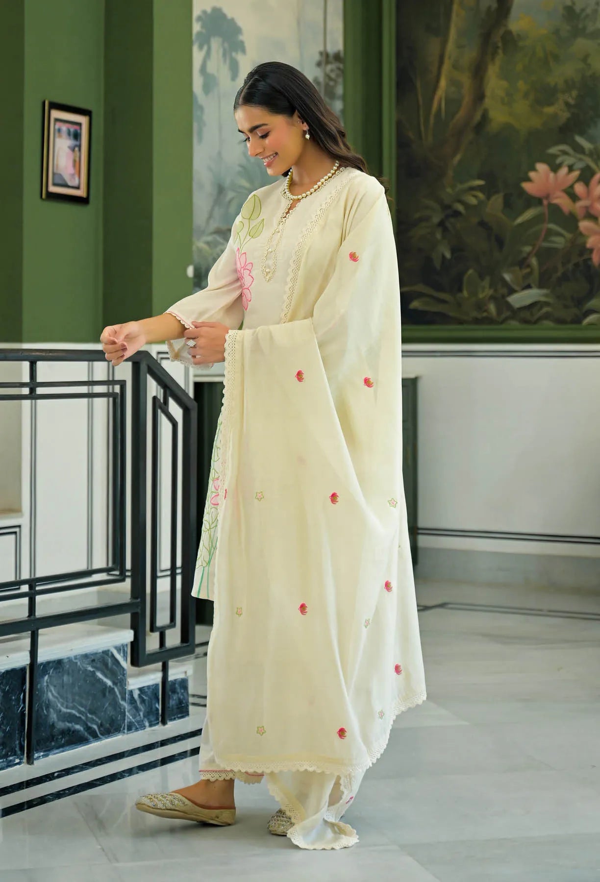 Cream White Chanderi Embroidered Pakistani Suit Set | Bairaas