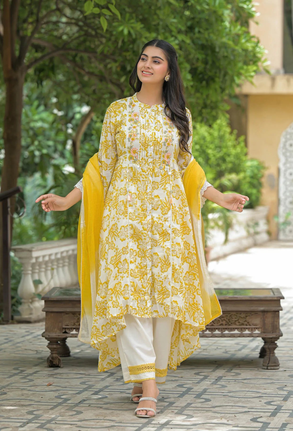 Yellow Floral Cotton Embroidered A-Line Suit Set | Bairaas