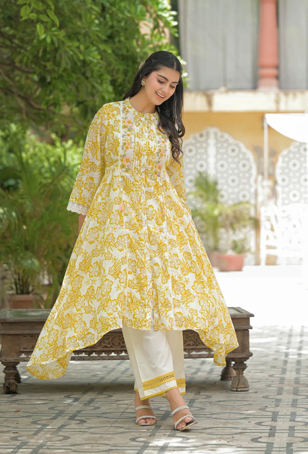 Yellow Floral Cotton Embroidered A-Line Suit Set | Bairaas