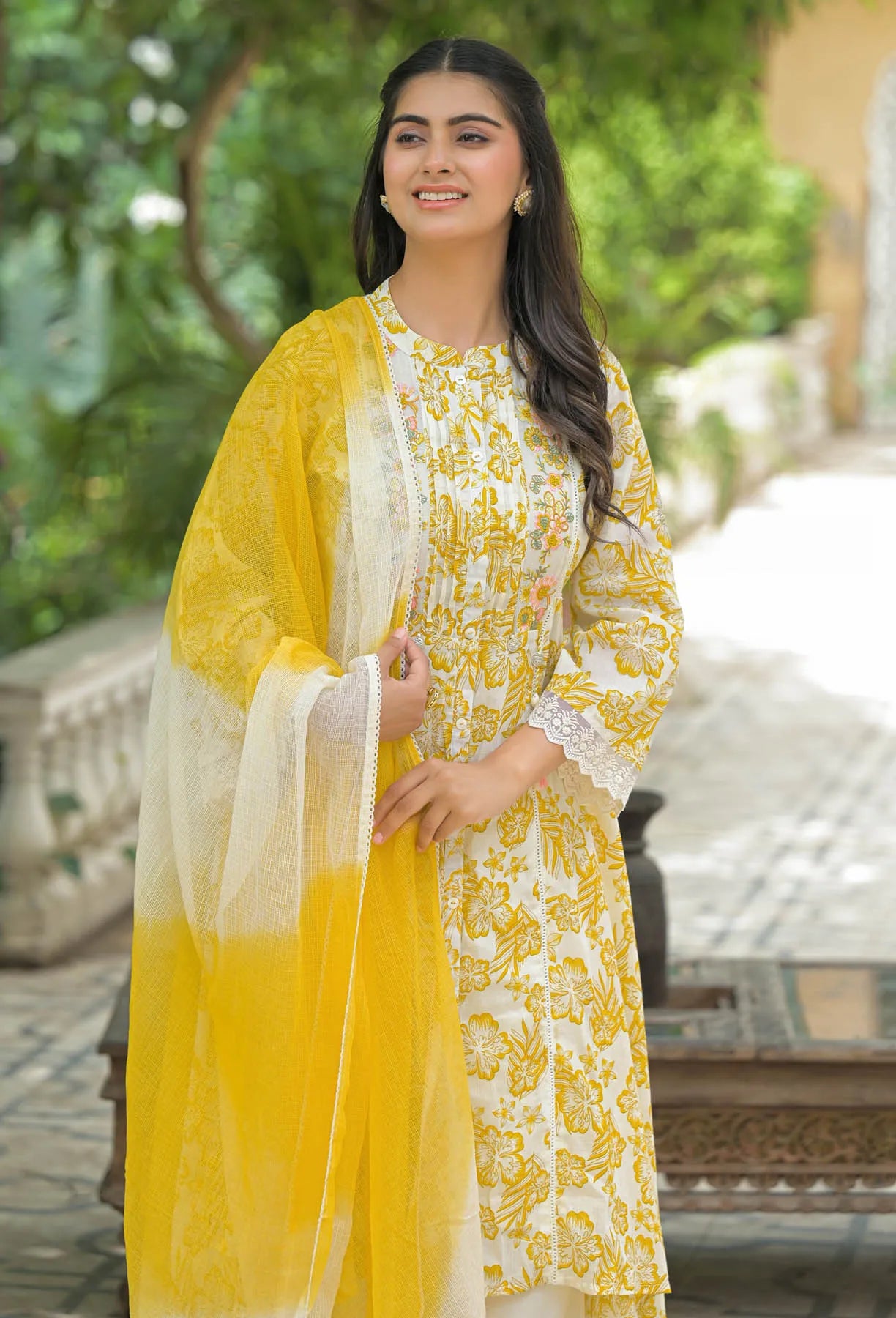 Yellow Floral Cotton Embroidered A-Line Suit Set | Bairaas