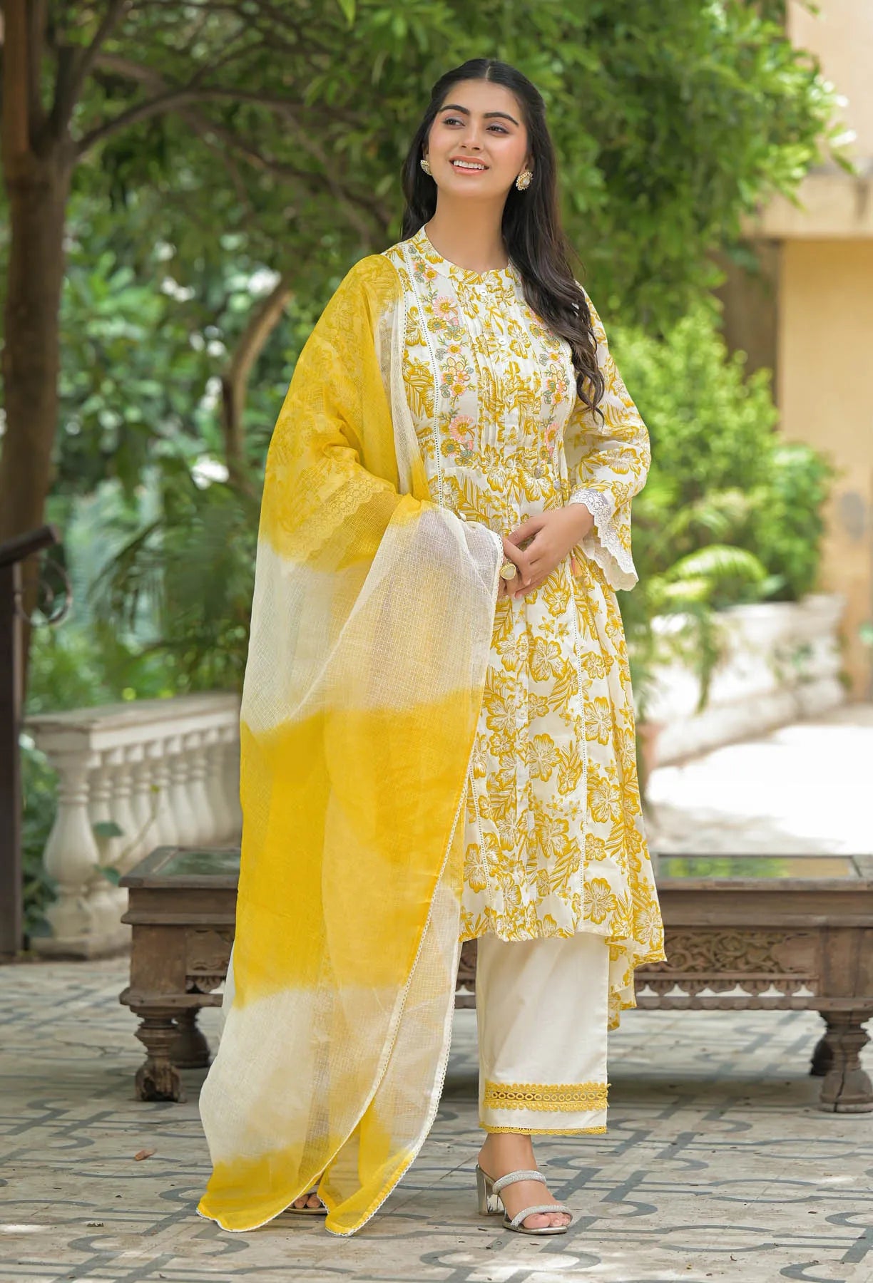 Yellow Floral Cotton Embroidered A-Line Suit Set | Bairaas