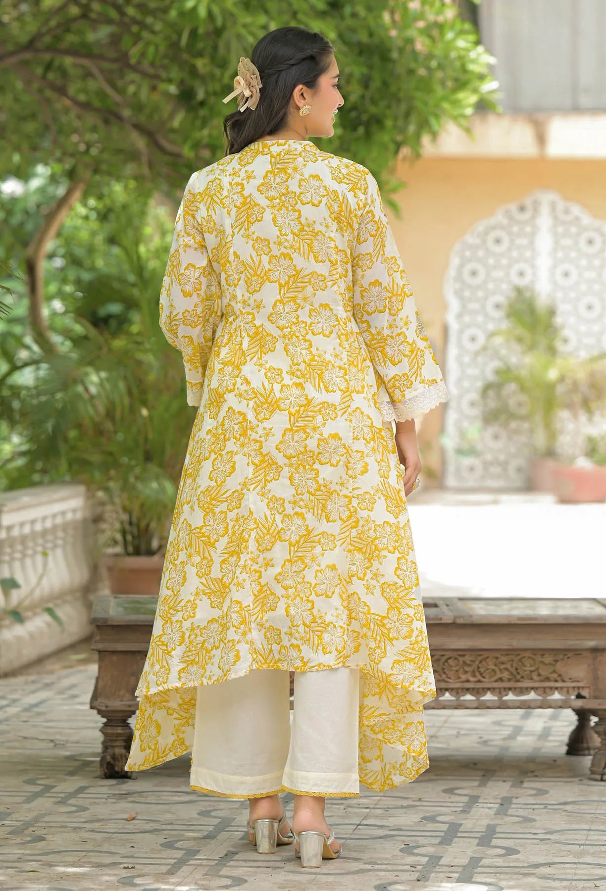 Yellow Floral Cotton Embroidered A-Line Suit Set | Bairaas