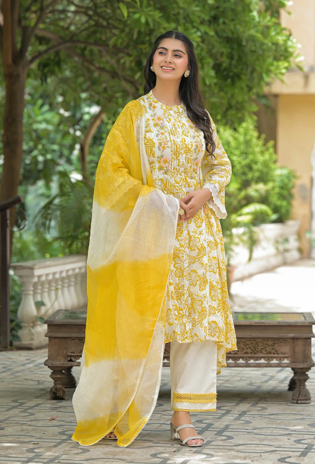 Yellow Floral Cotton Embroidered A-Line Suit Set | Bairaas