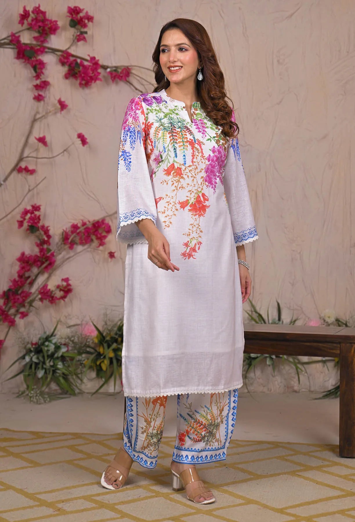 White Linen Printed Co-Ord Set | Bairaas