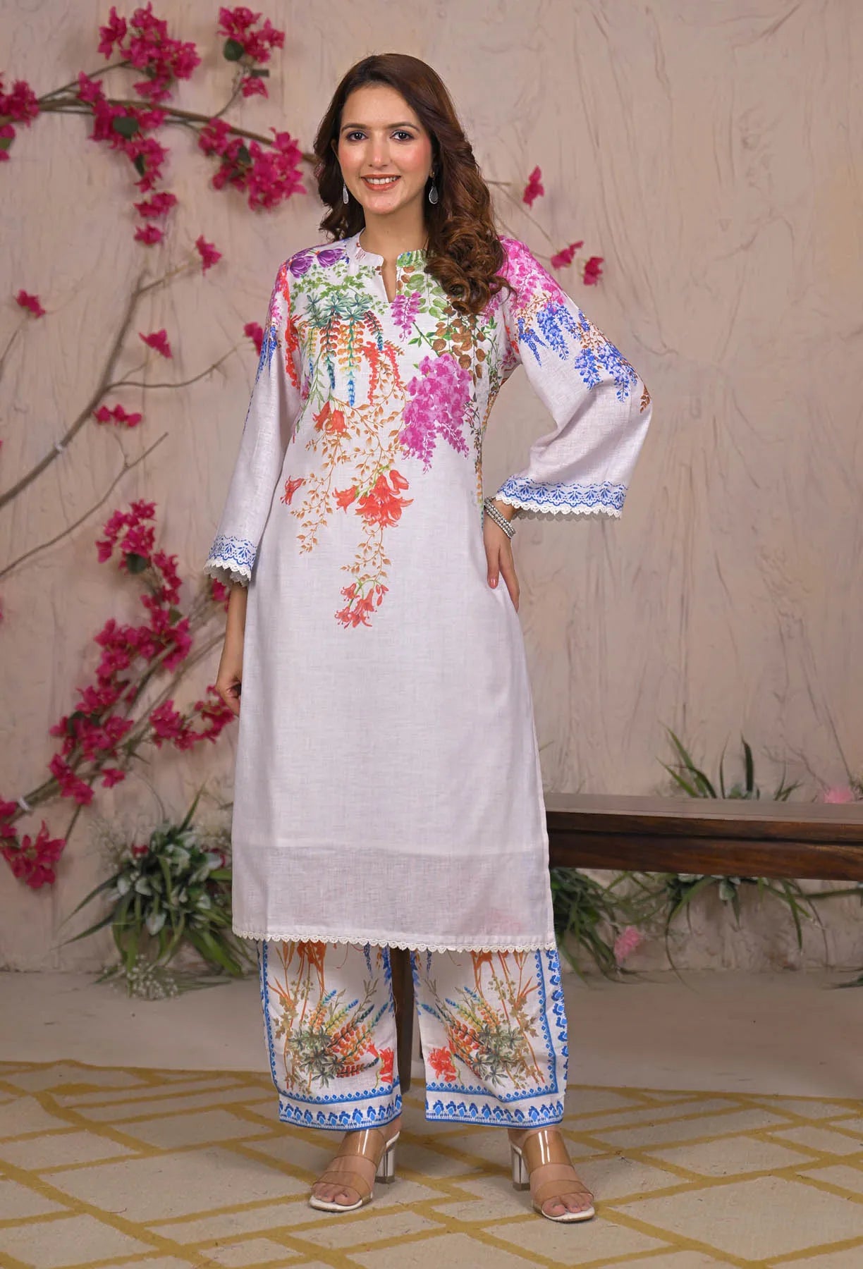 White Linen Printed Co-Ord Set | Bairaas