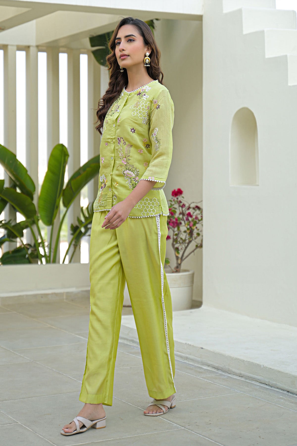 Green Mul Chanderi Embroidered Cord Set