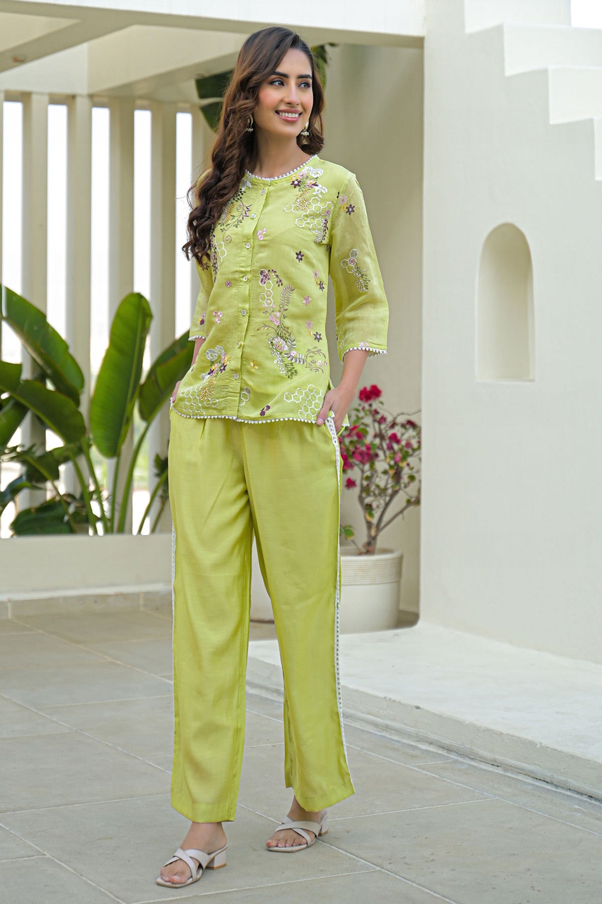 Green Mul Chanderi Embroidered Cord Set