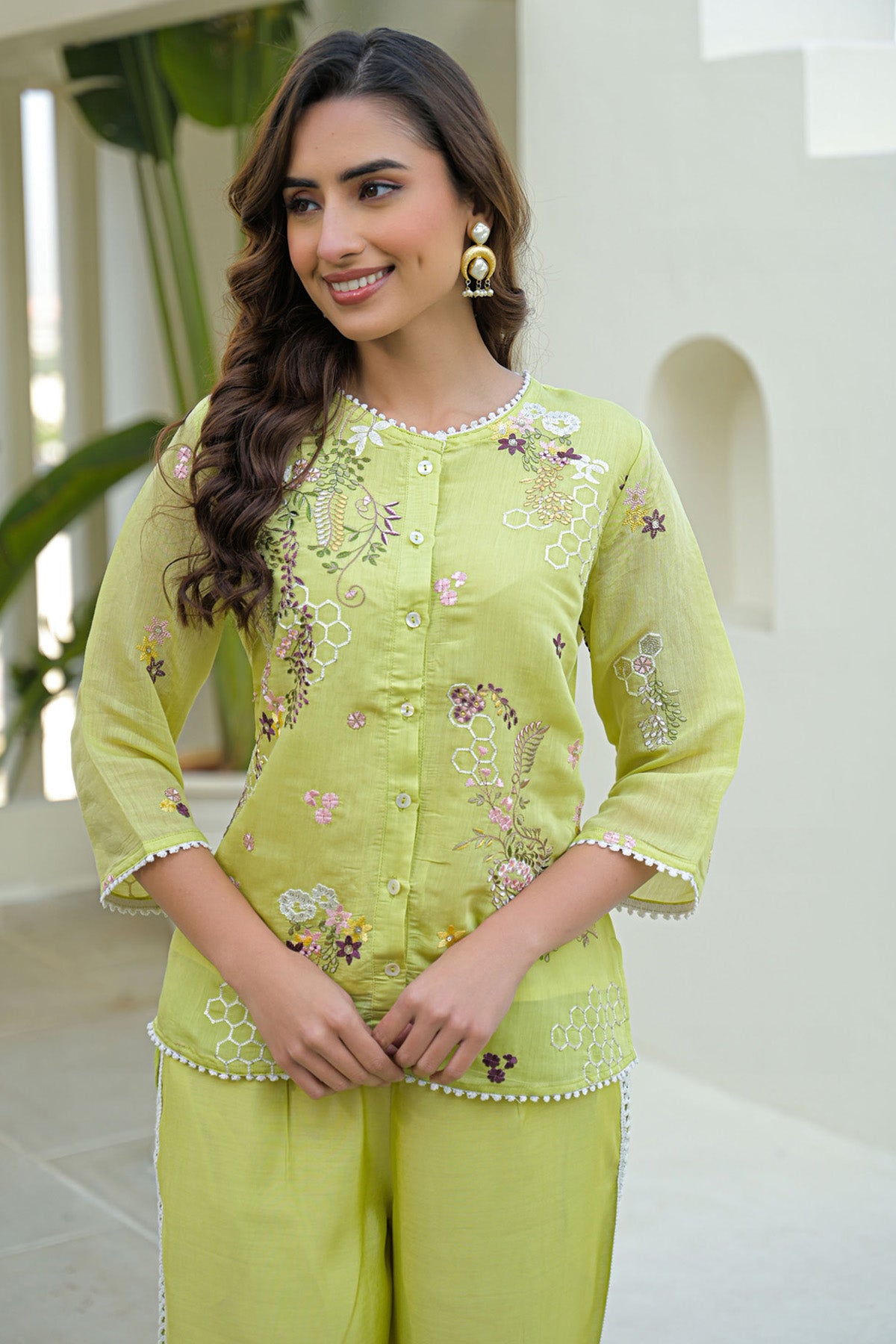 Green Mul Chanderi Embroidered Cord Set