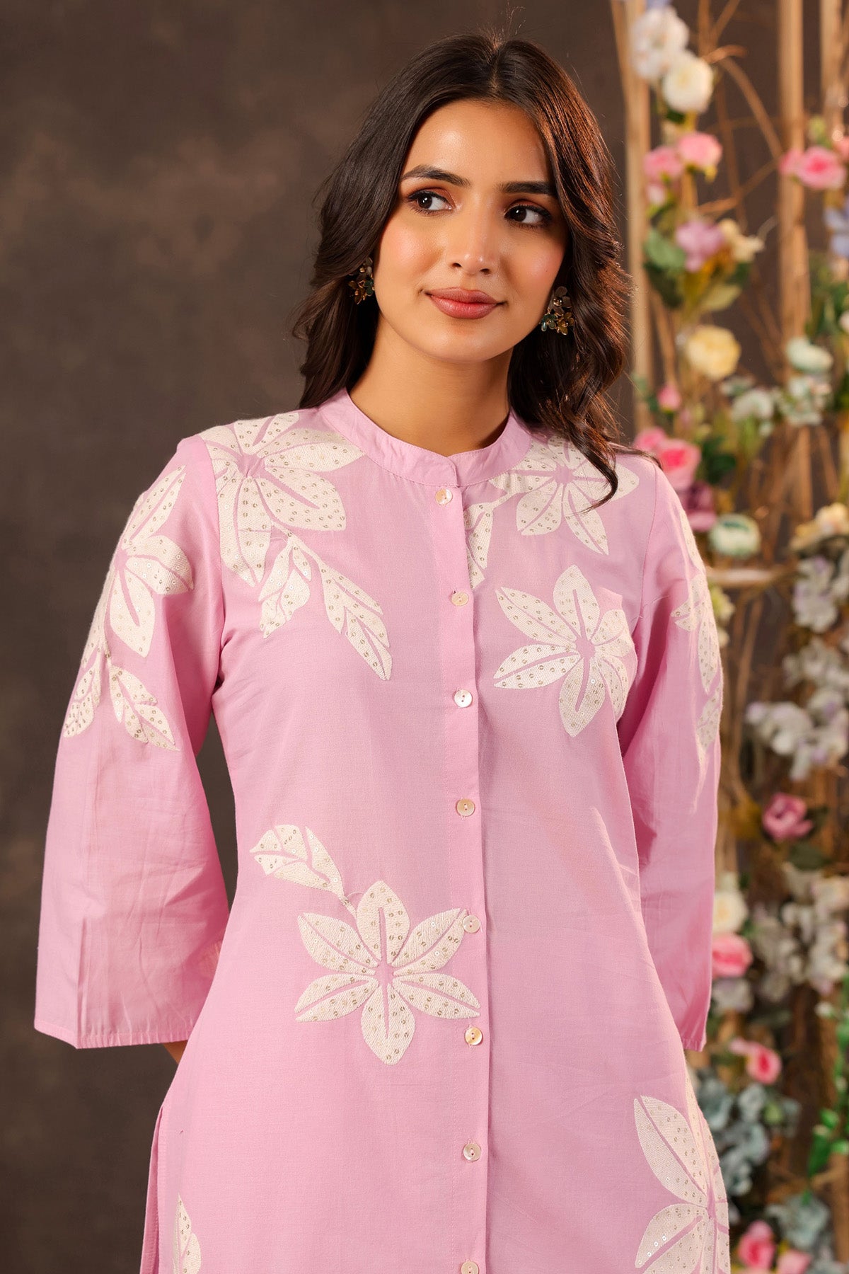 Pink Cotton Embroidered Cord Set