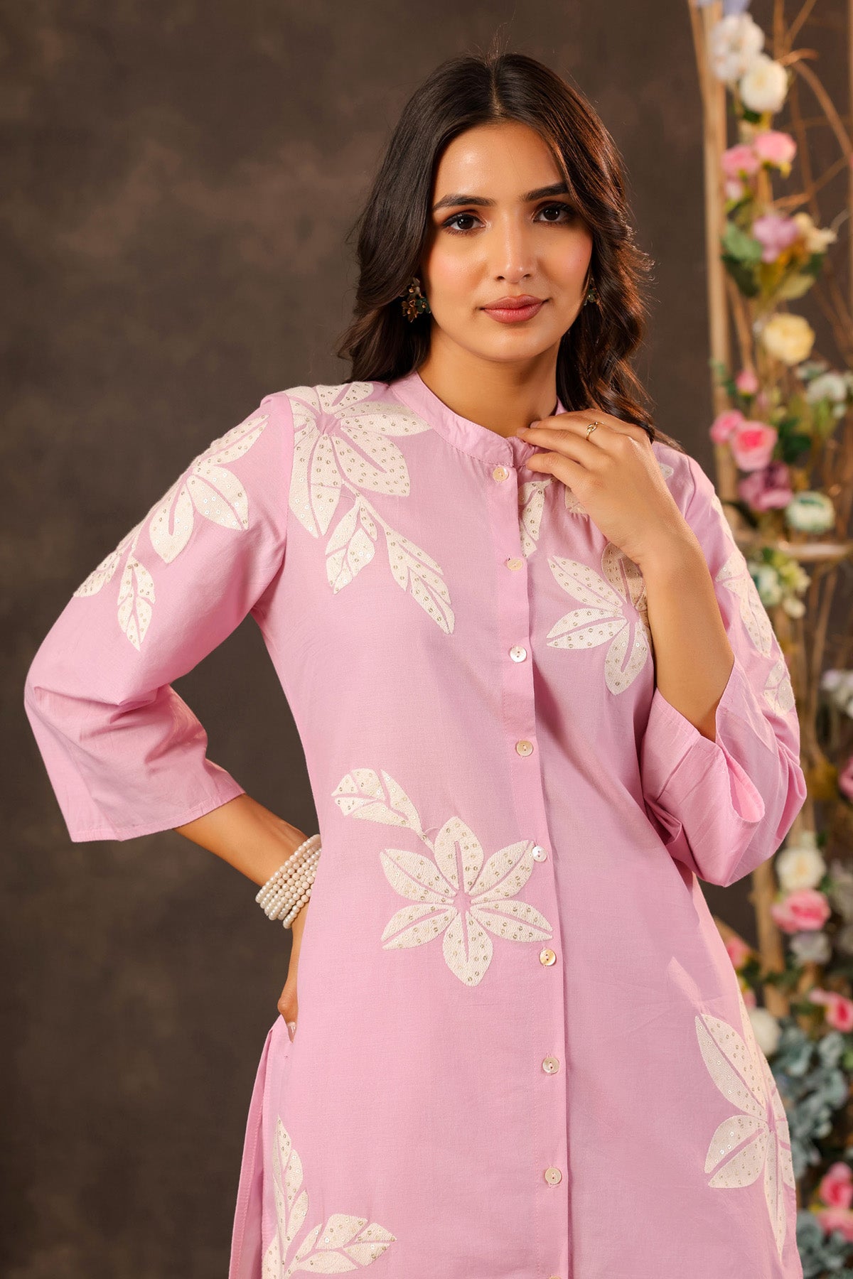 Pink Cotton Embroidered Cord Set