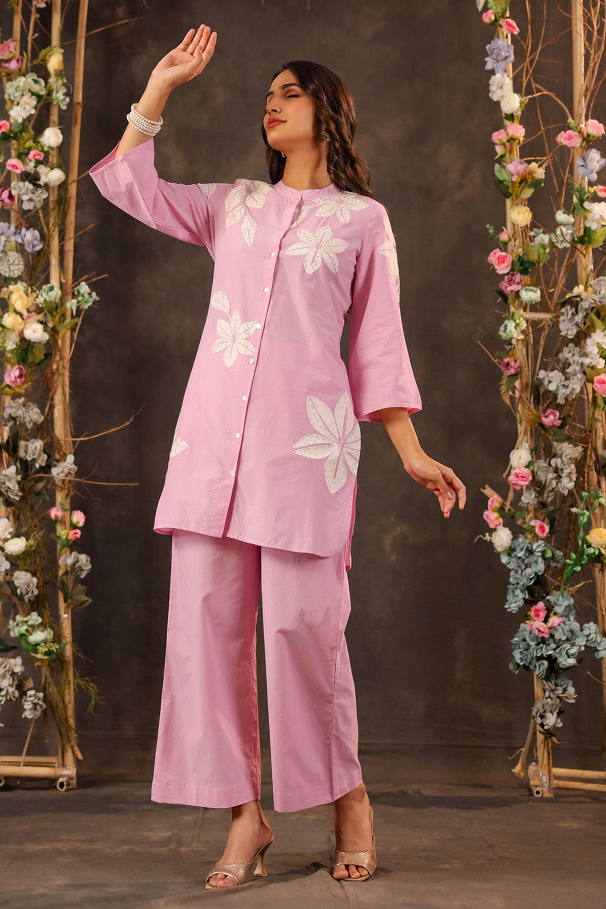Pink Cotton Embroidered Cord Set