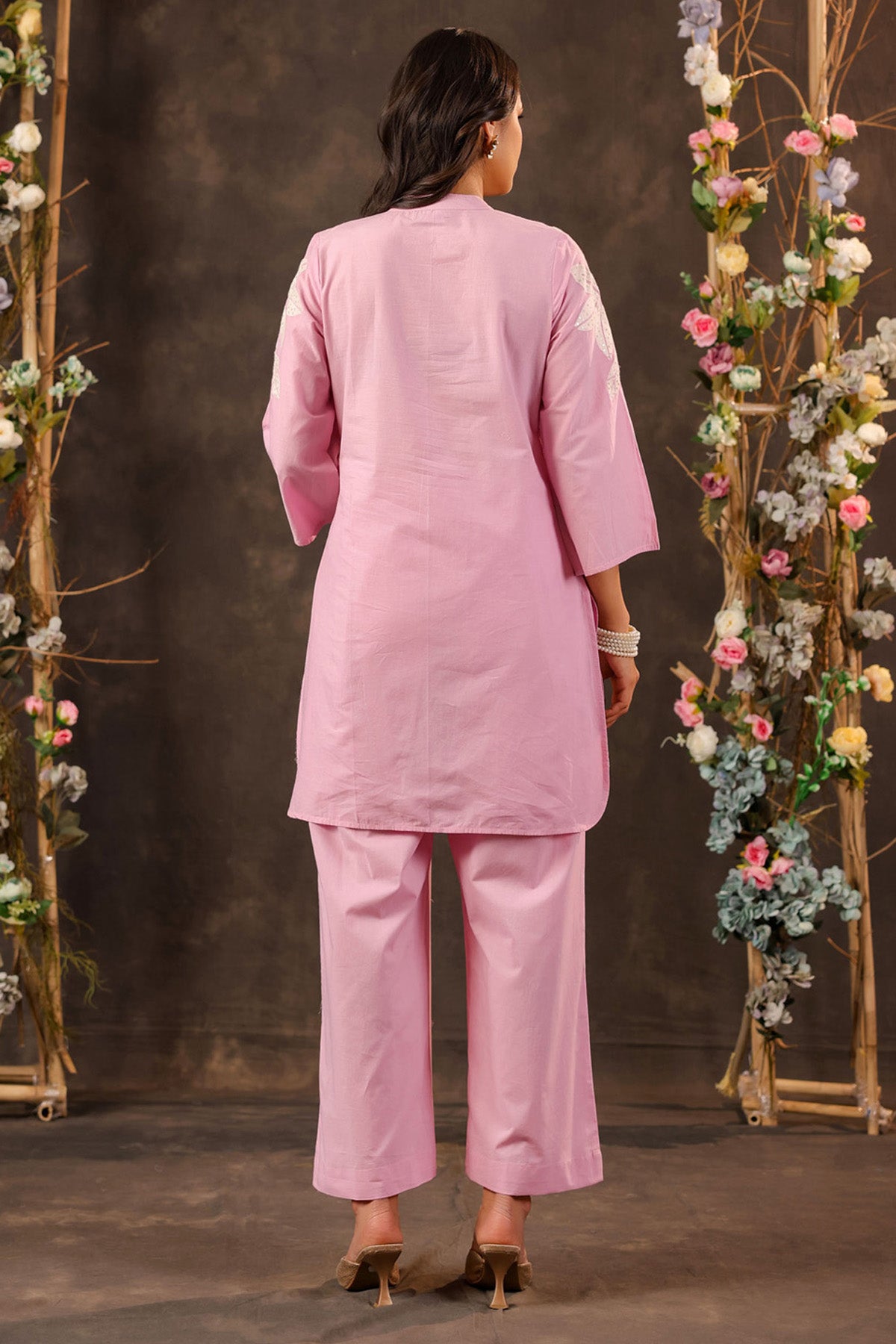 Pink Cotton Embroidered Cord Set