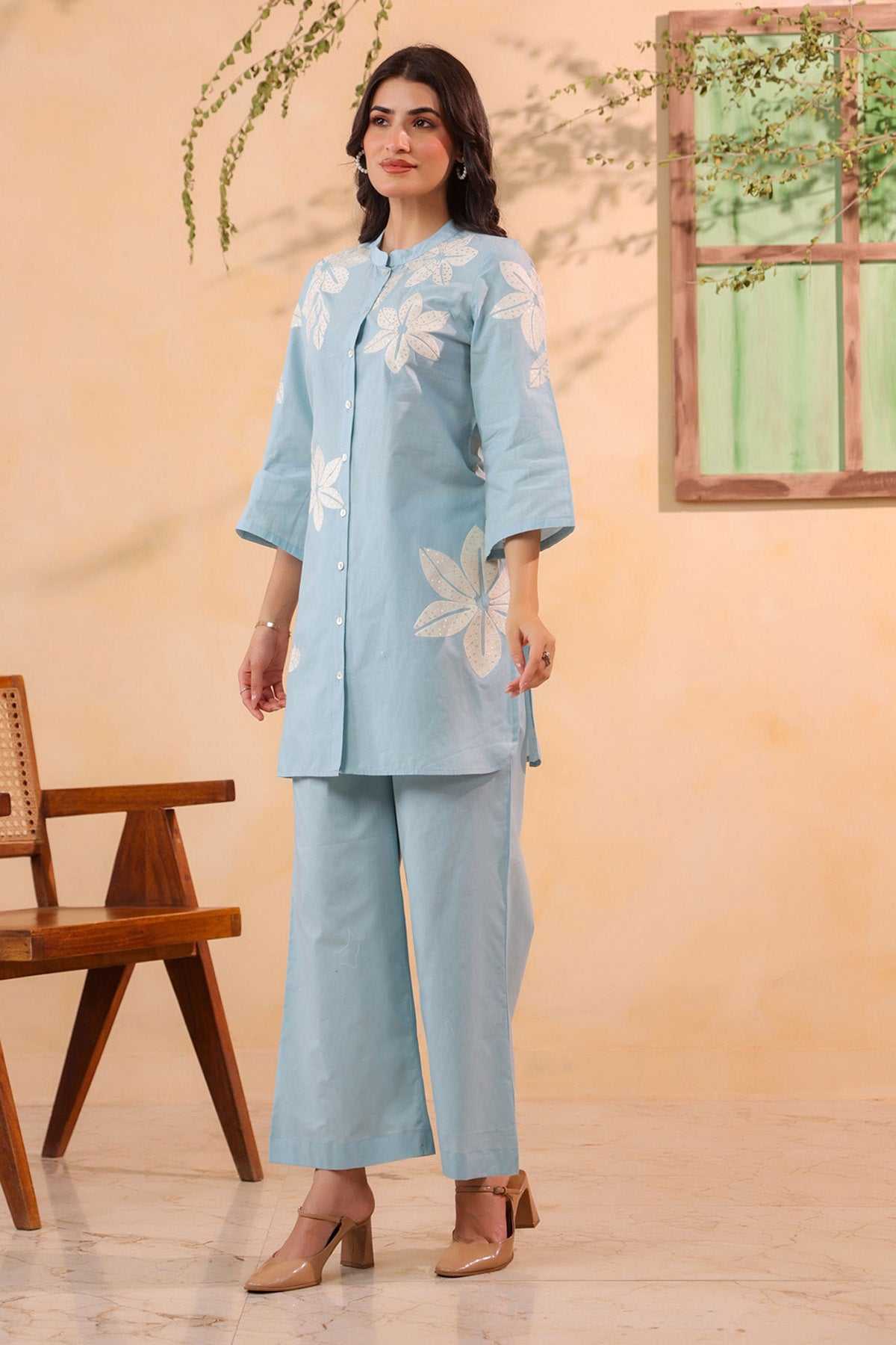Sky Blue Cotton Embroidered Cord Set
