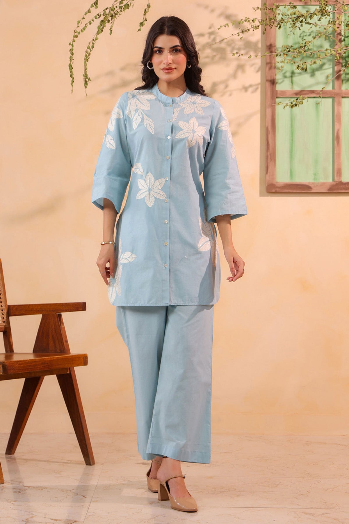 Sky Blue Cotton Embroidered Cord Set