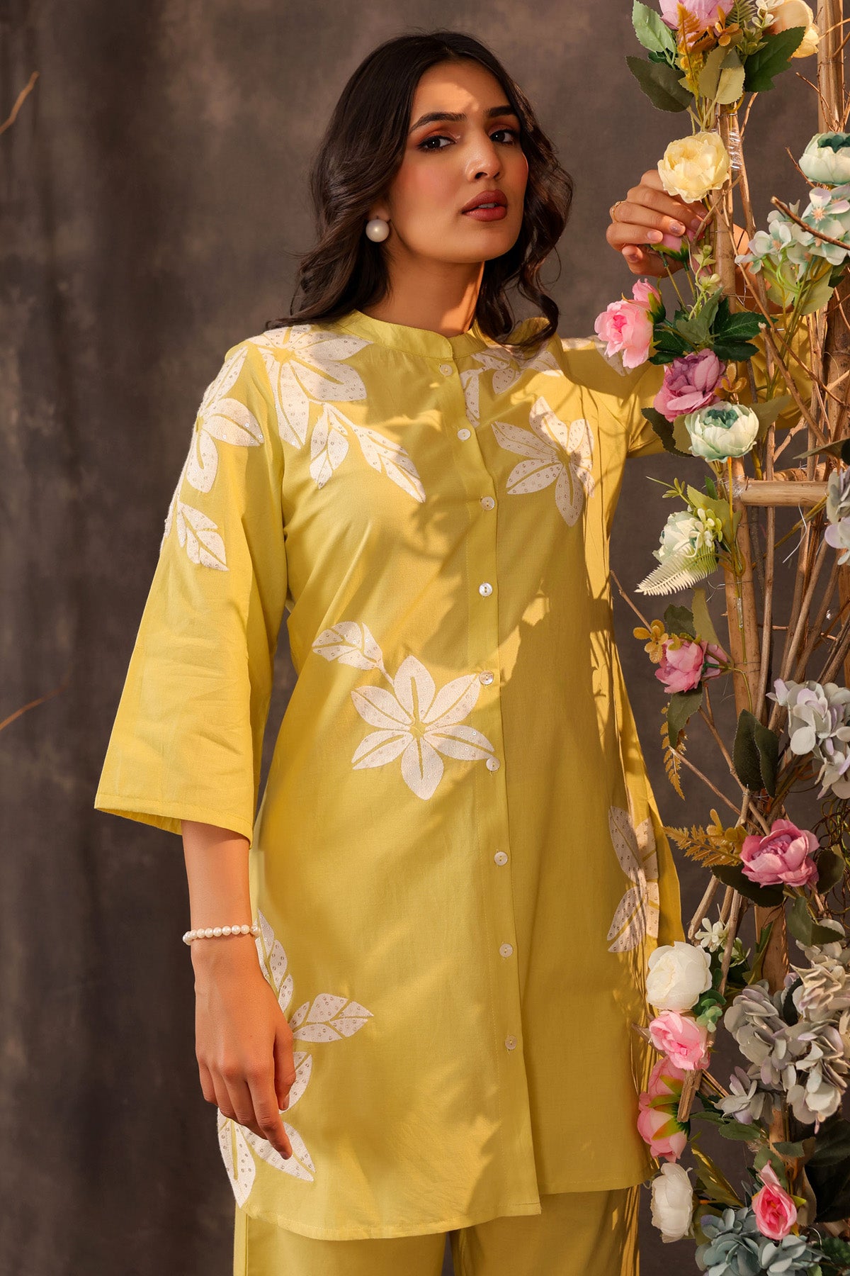 Yellow Cotton Embroidered Cord Set
