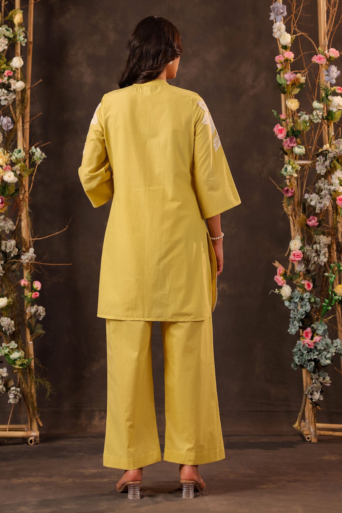 Yellow Cotton Embroidered Cord Set