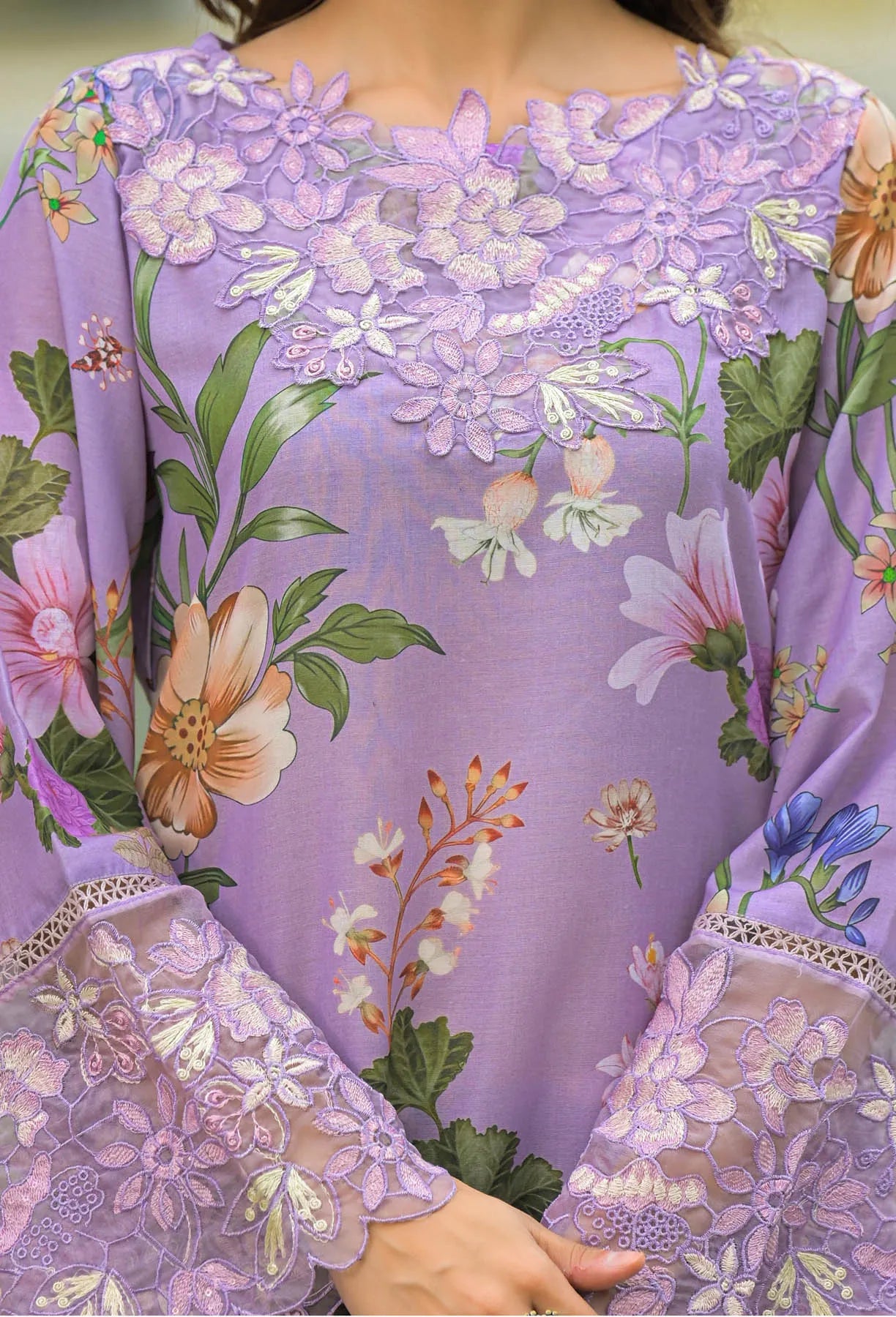 Purple floral dress with detailed embroidery