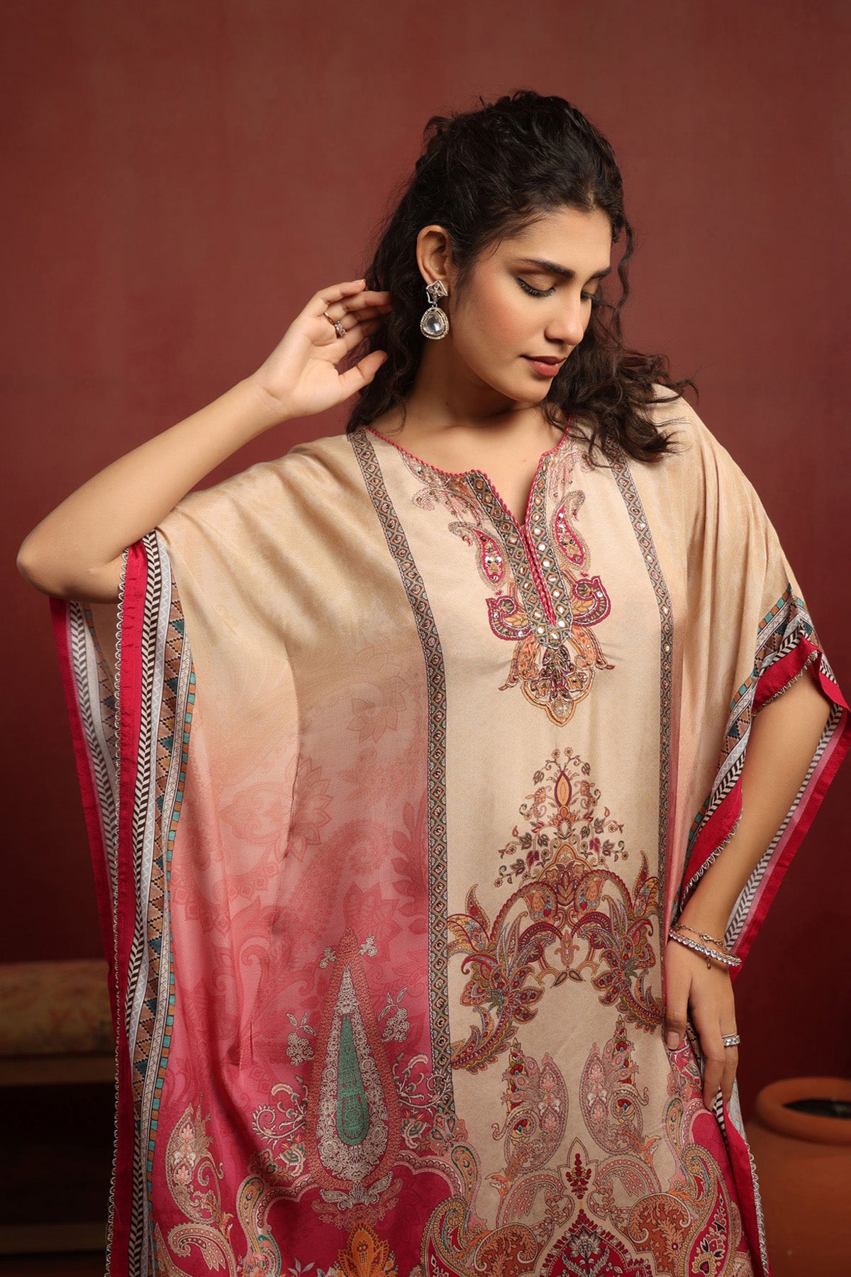 Beige Muslin Silk Handwork Kaftan Set