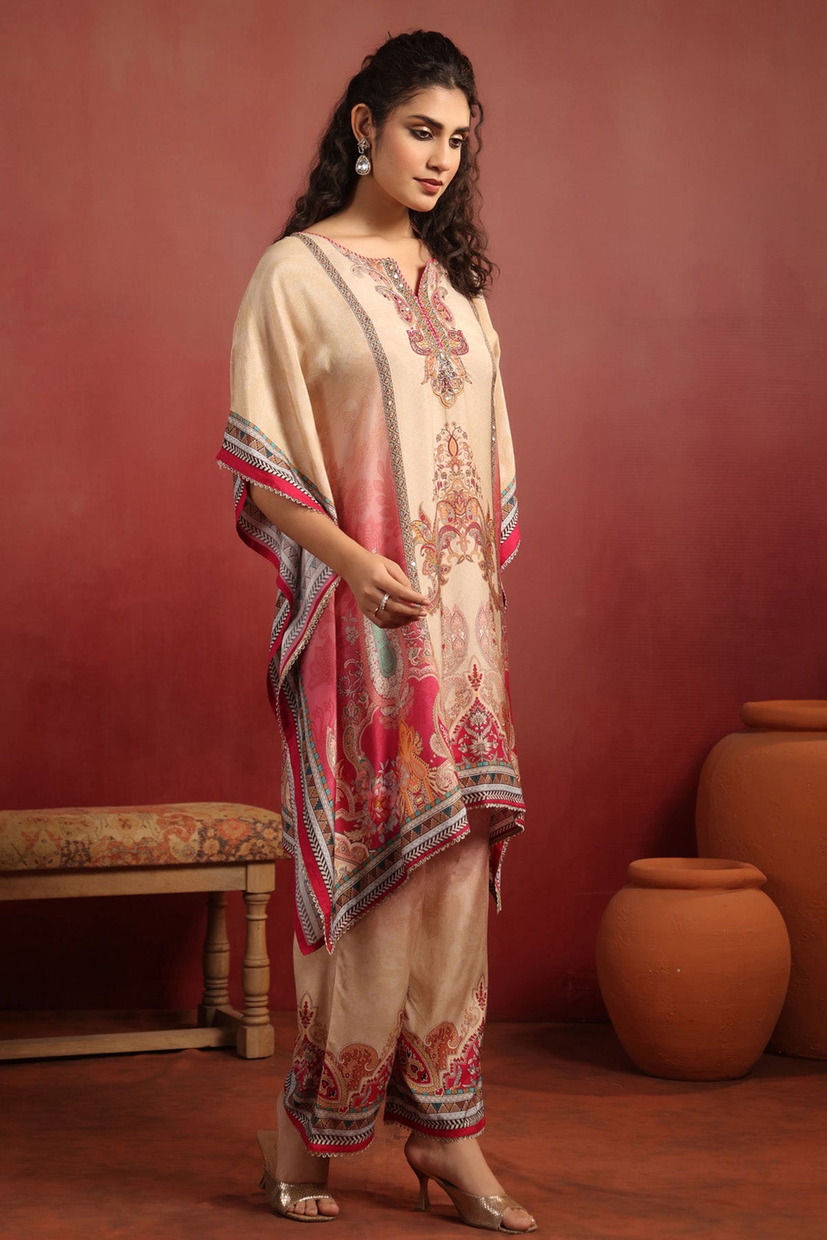 Beige Muslin Silk Handwork Kaftan Set