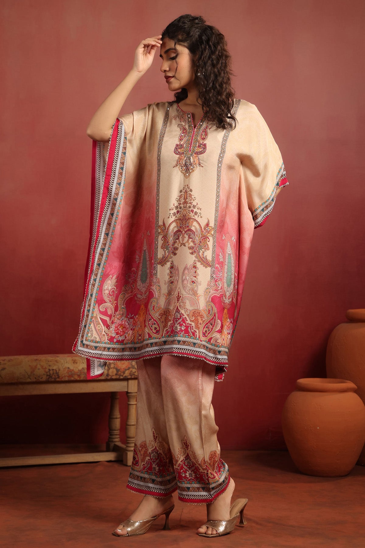 Beige Muslin Silk Handwork Kaftan Set