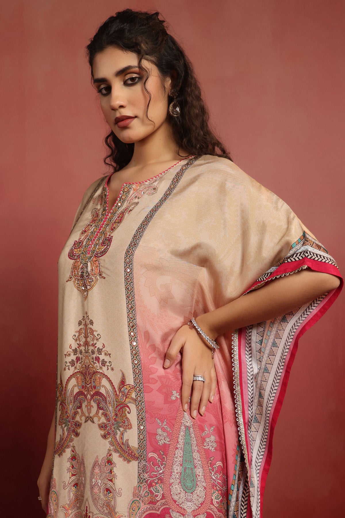 Beige Muslin Silk Handwork Kaftan Set