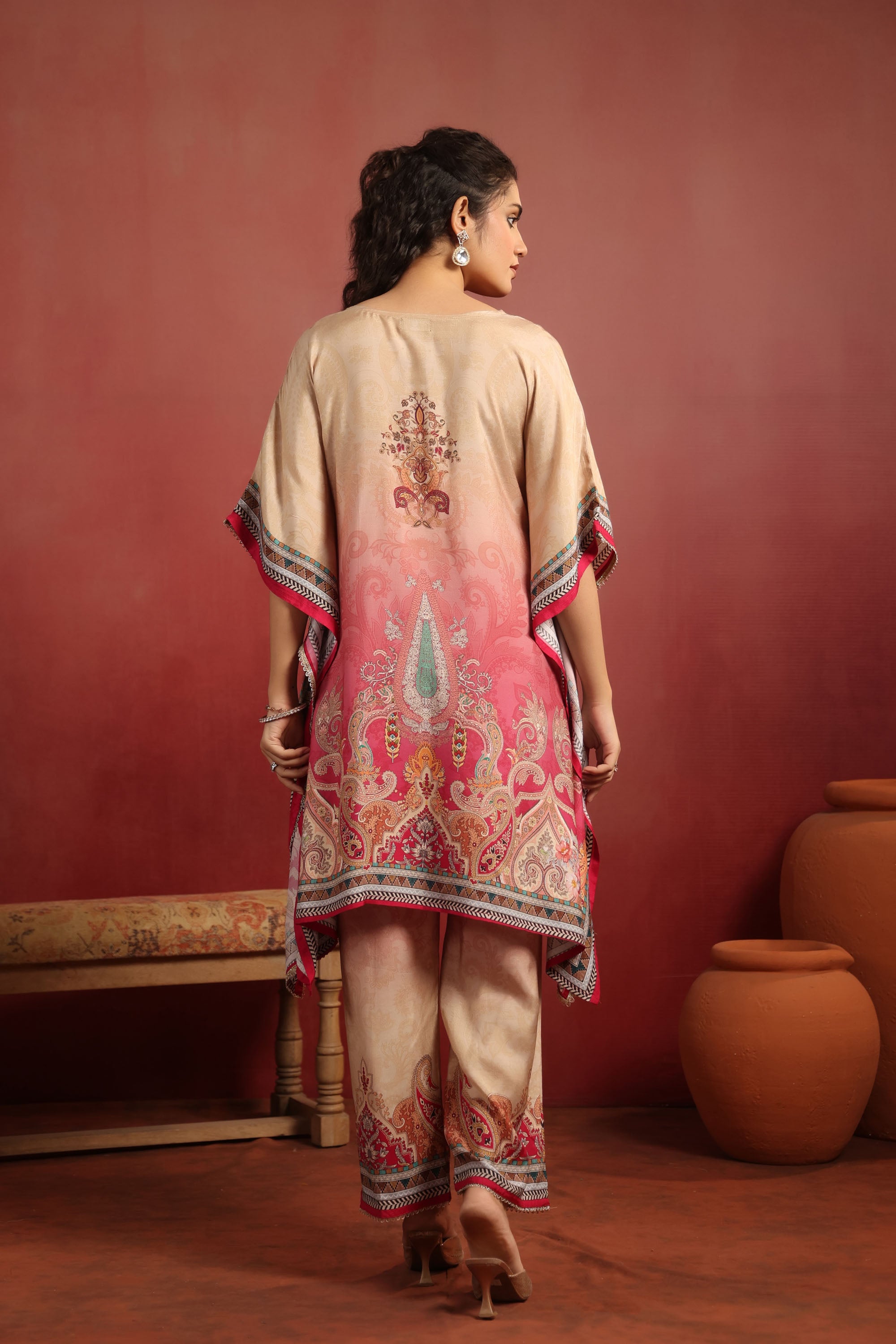 Beige Muslin Silk Handwork Kaftan Set
