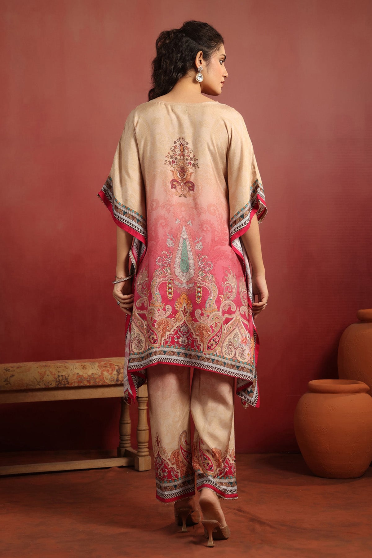 Beige Muslin Silk Handwork Kaftan Set