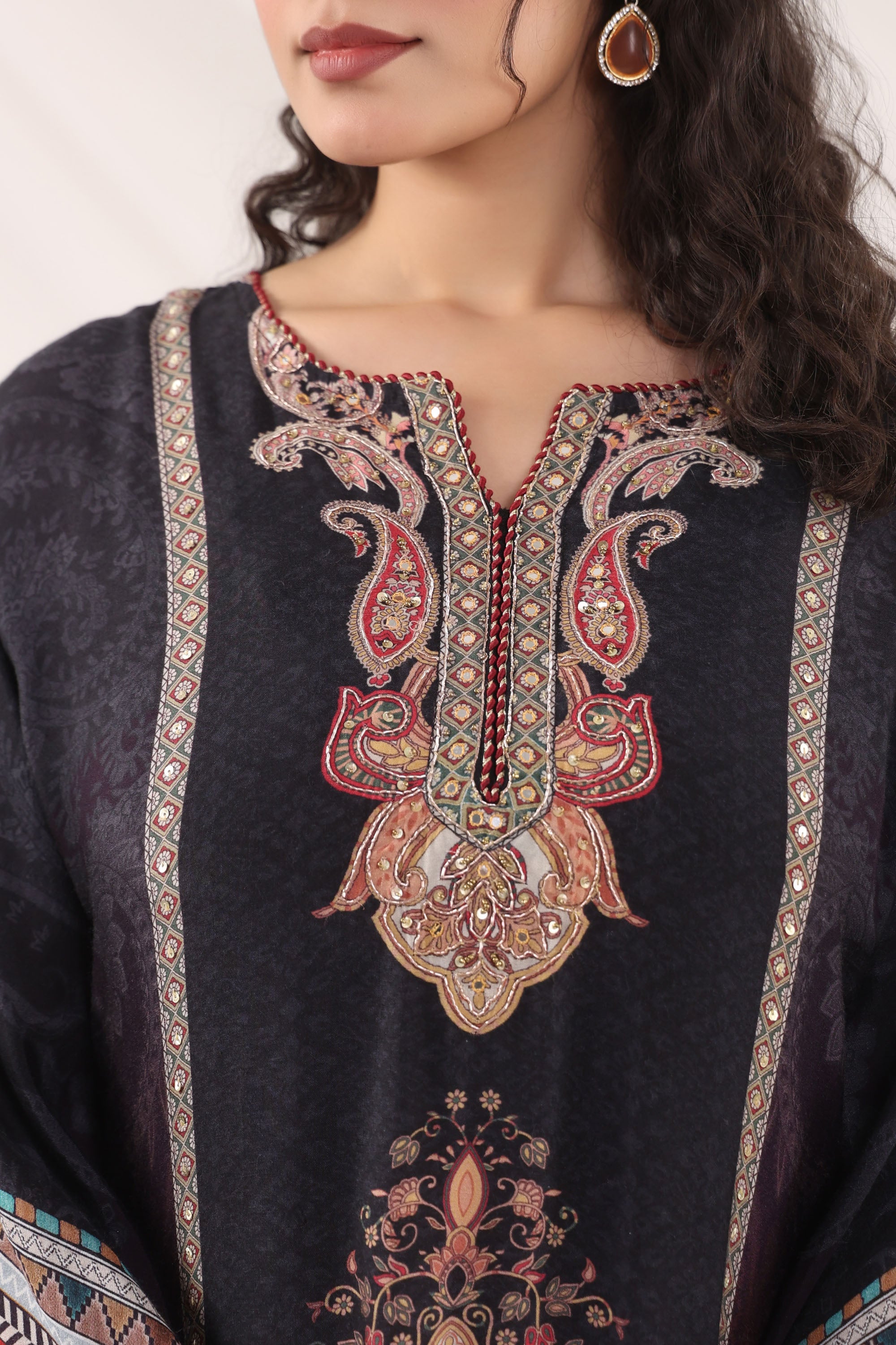 Black Muslin Silk Handwork Kaftan Set With Pant