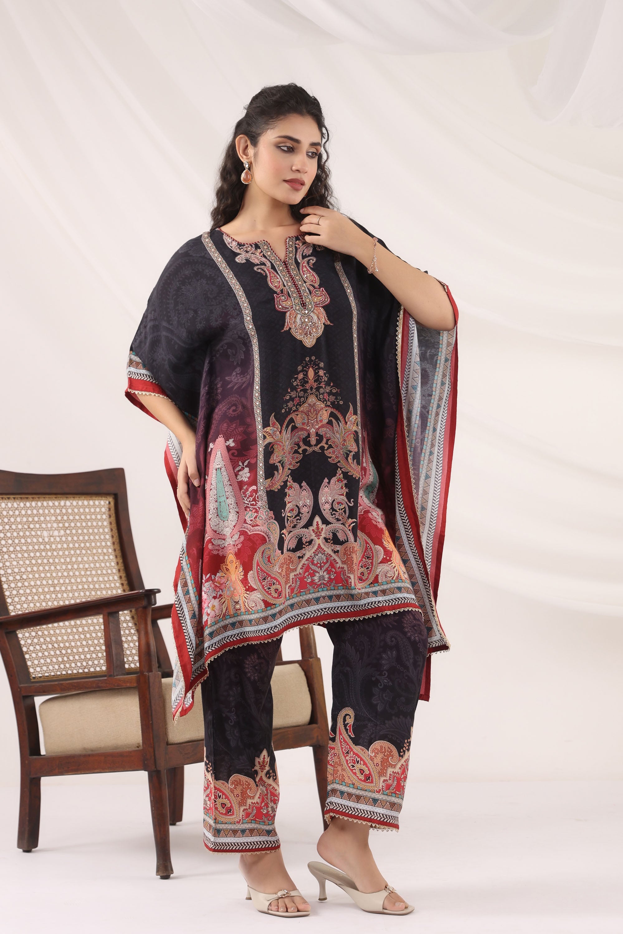 Black Muslin Silk Handwork Kaftan Set With Pant