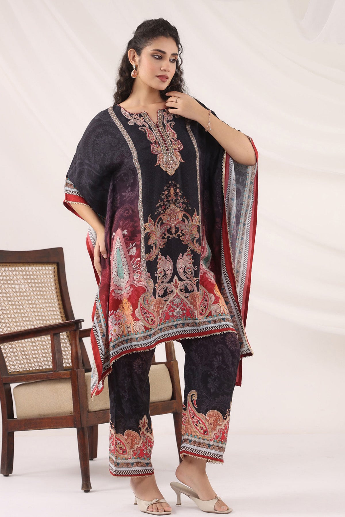 Black Muslin Silk Handwork Kaftan Set With Pant