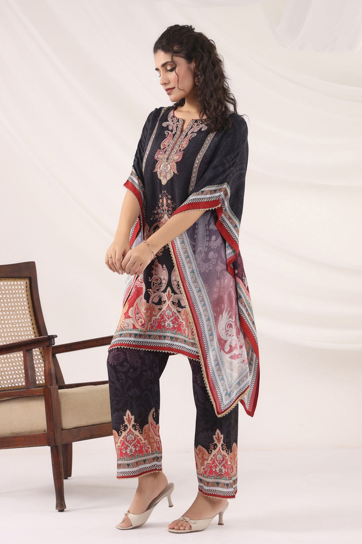 Black Muslin Silk Handwork Kaftan Set With Pant