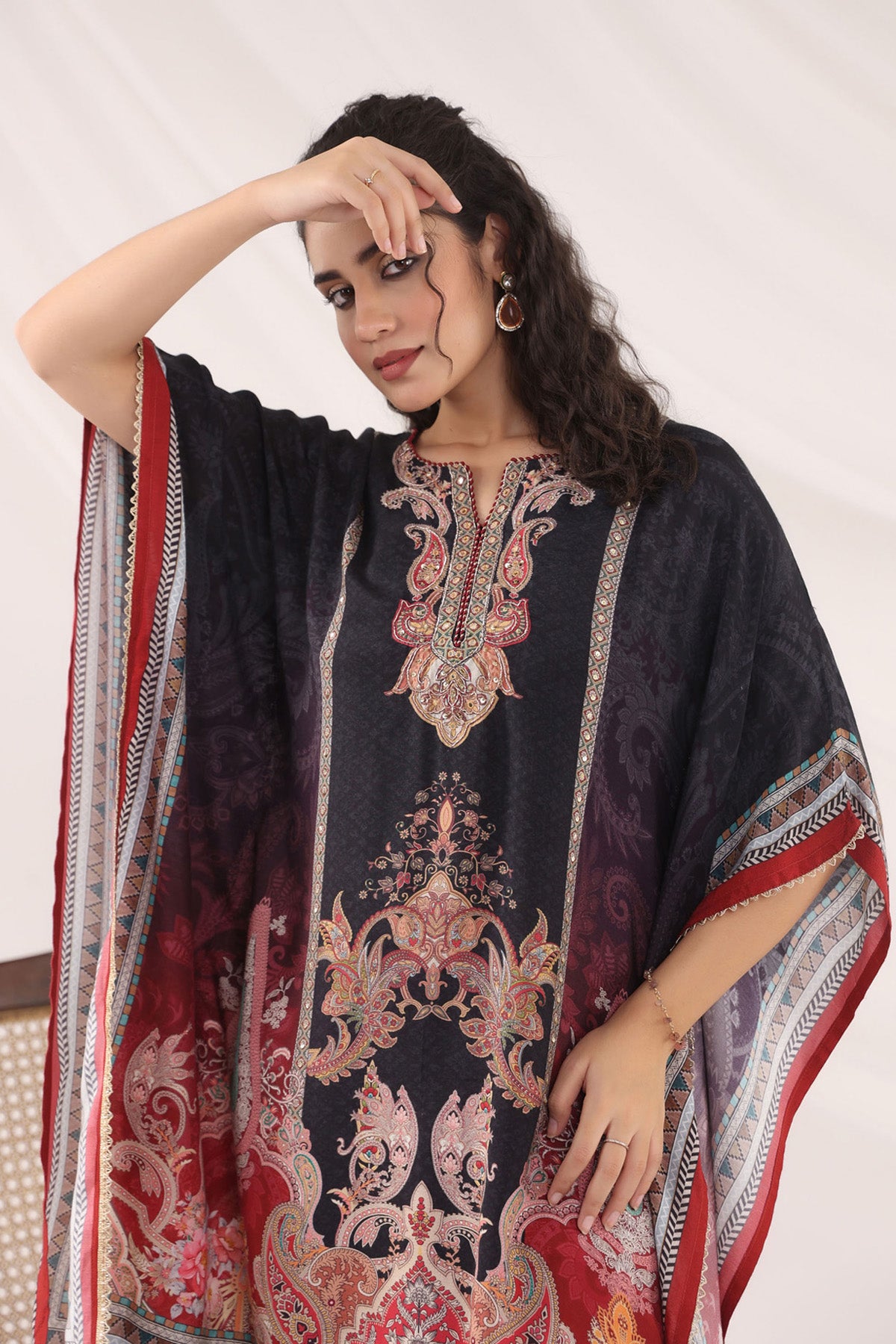 Black Muslin Silk Handwork Kaftan Set With Pant