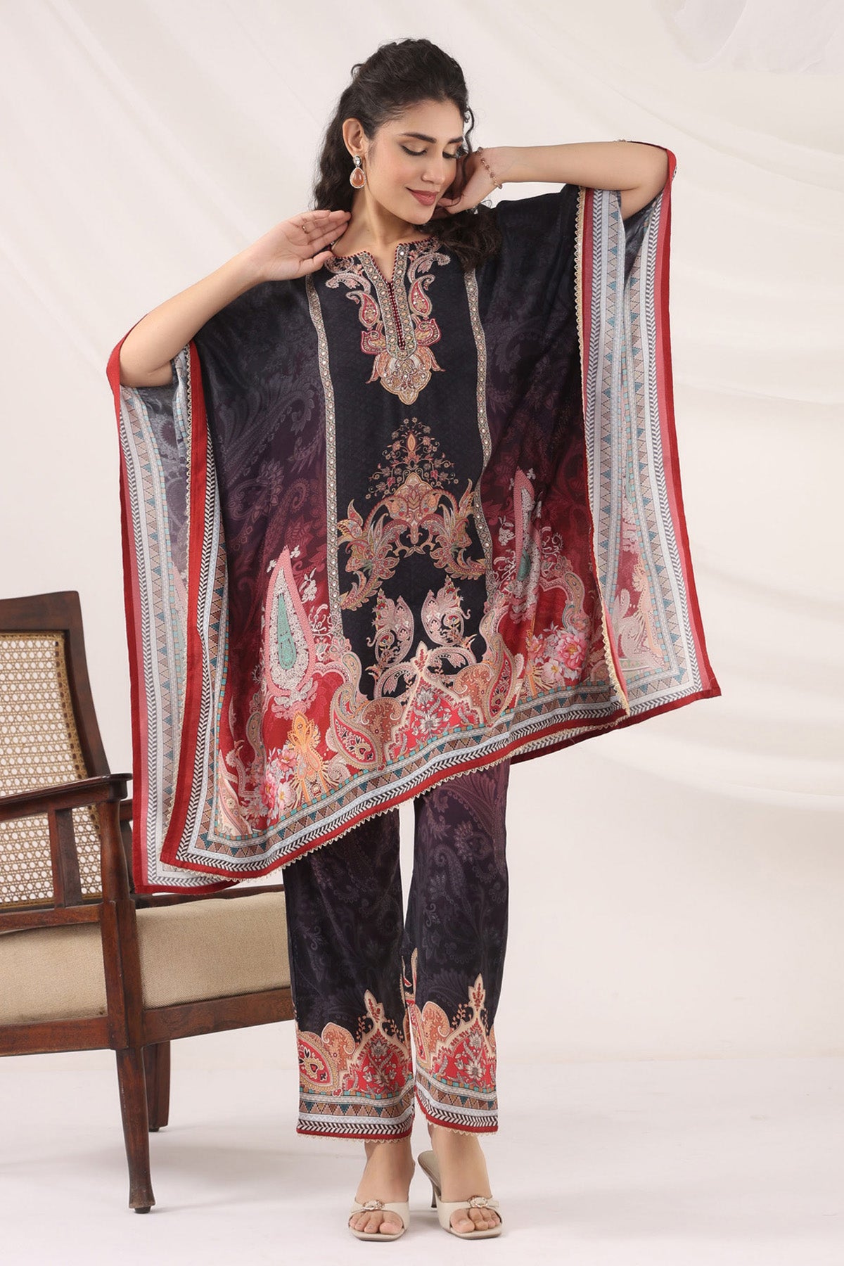 Black Muslin Silk Handwork Kaftan Set With Pant