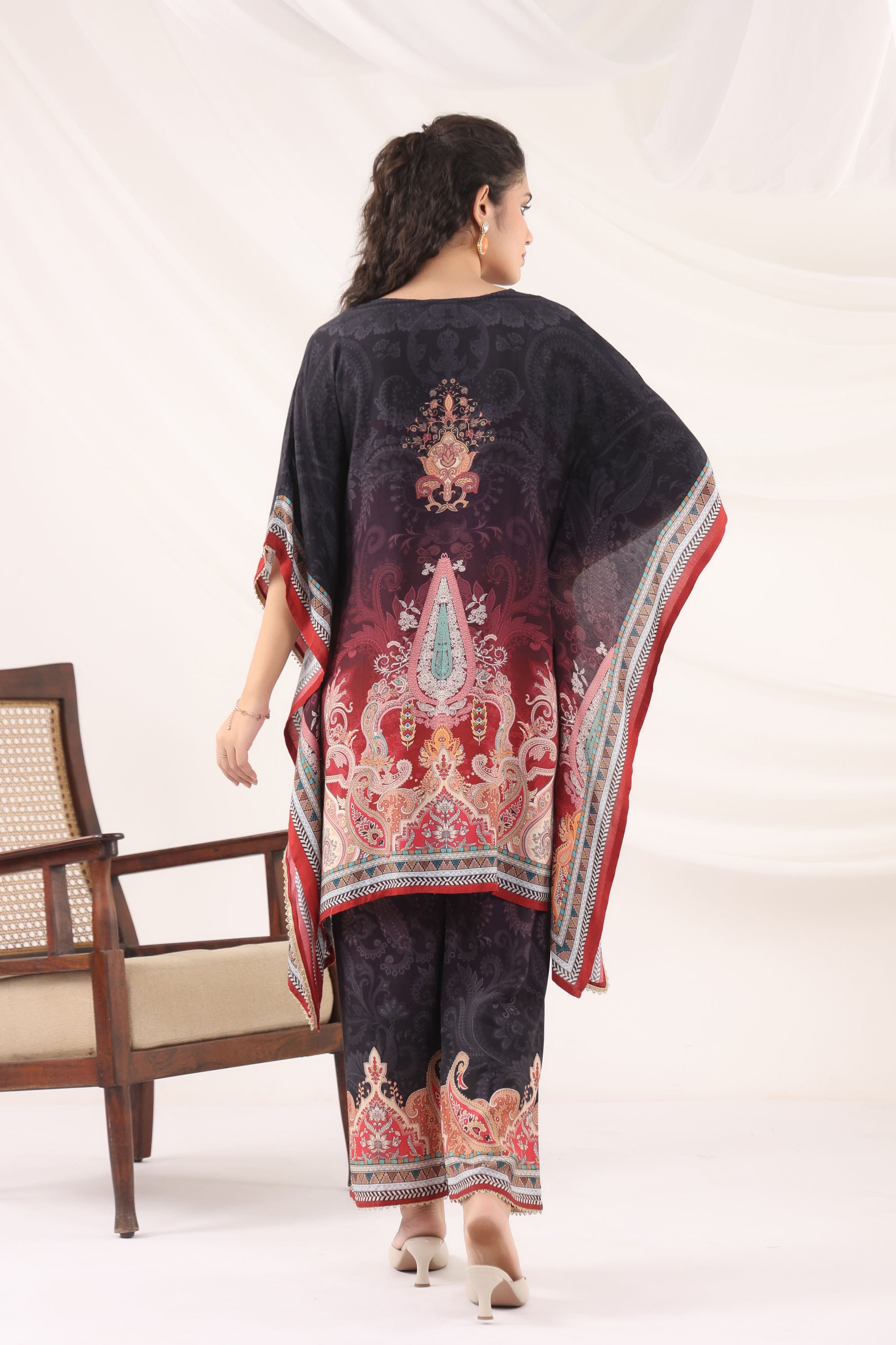 Black Muslin Silk Handwork Kaftan Set With Pant