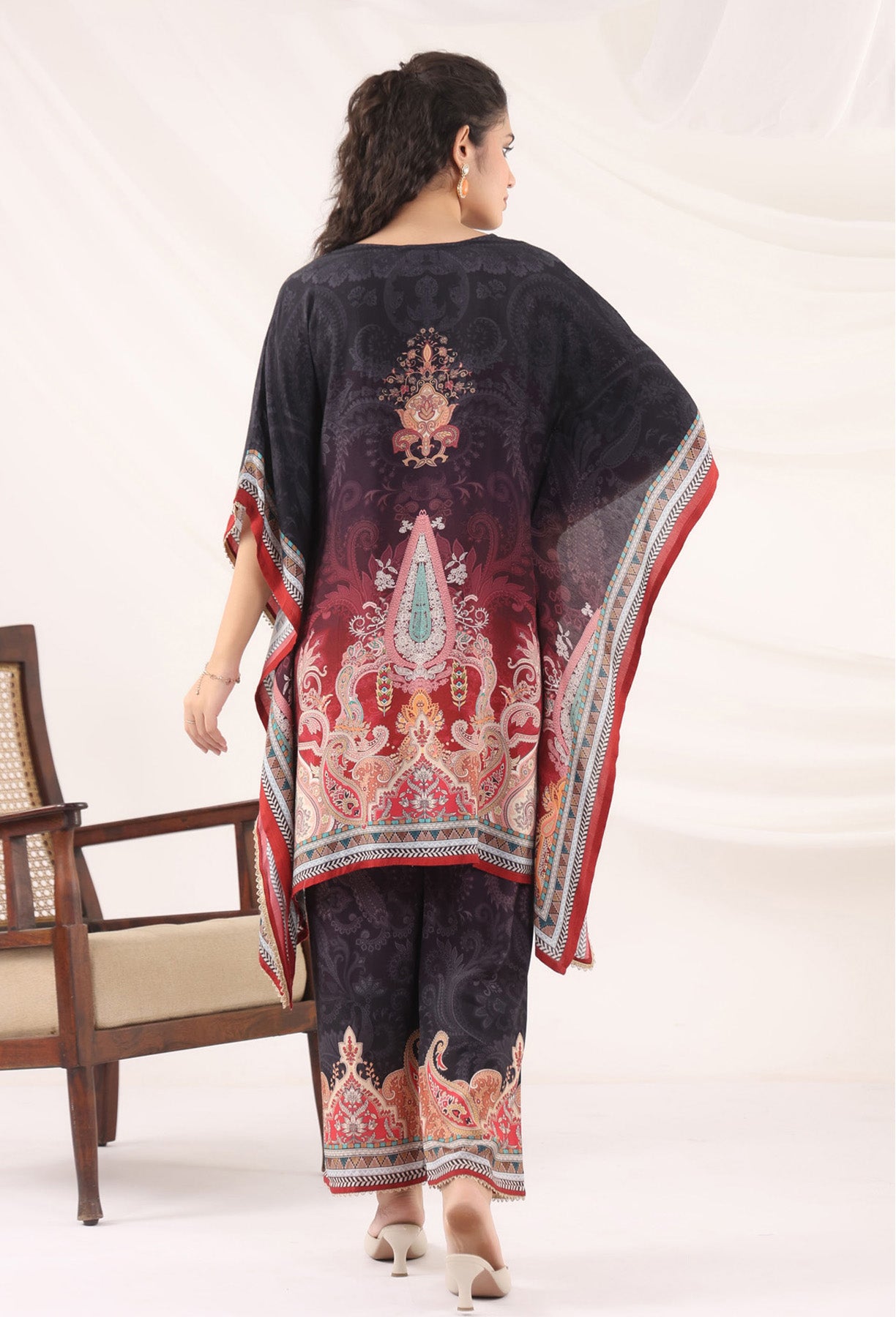 Black Muslin Silk Handwork Kaftan Set With Pant