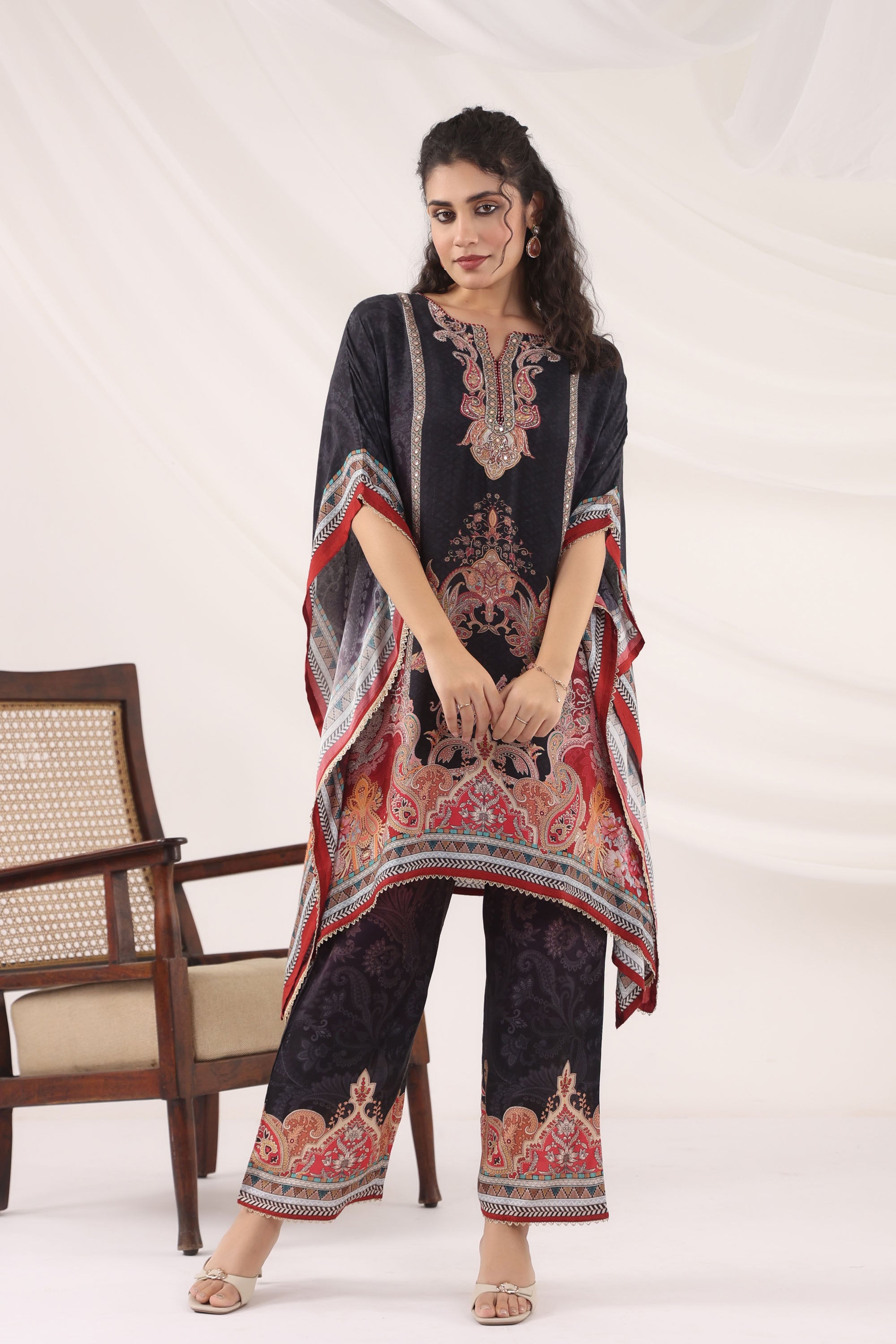 Black Muslin Silk Handwork Kaftan Set With Pant