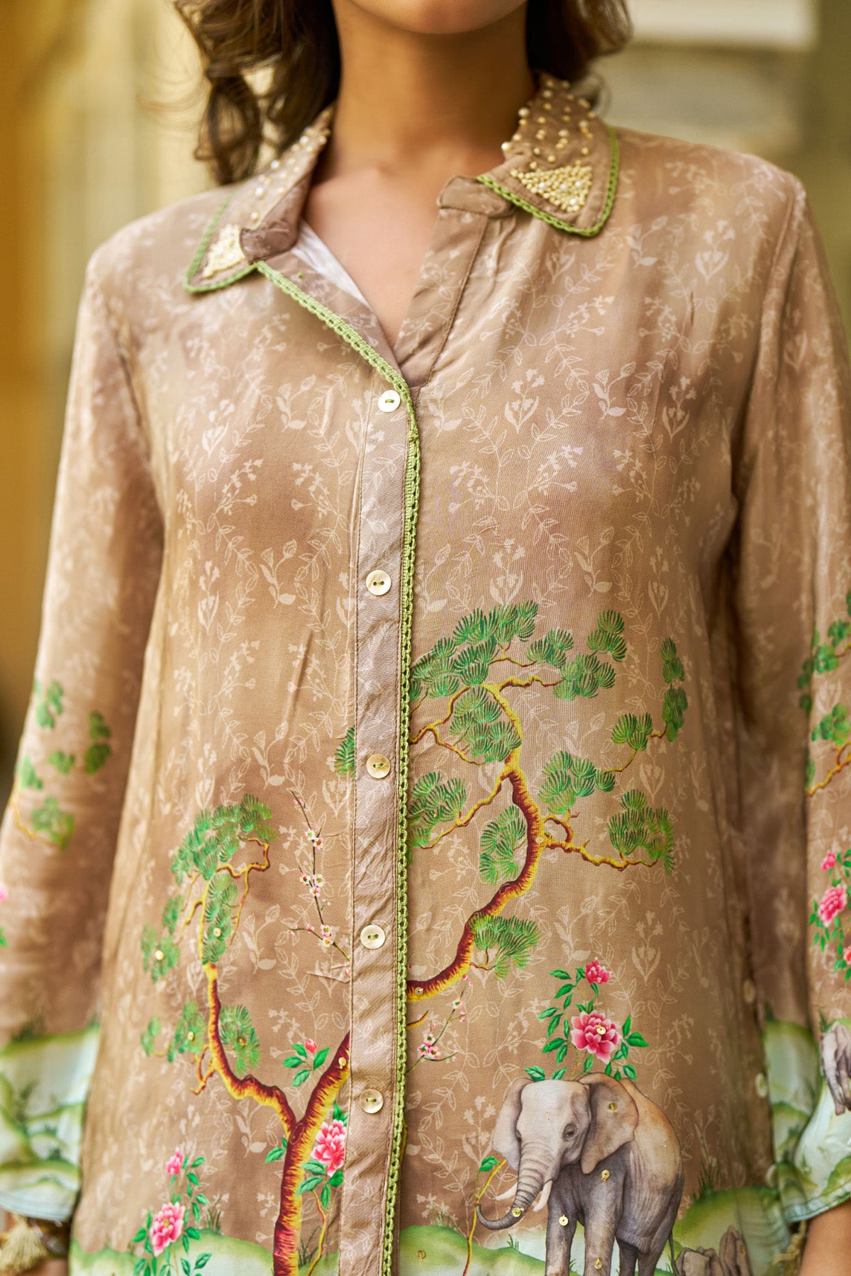 Brown Crepe Silk Handwork Cord Set