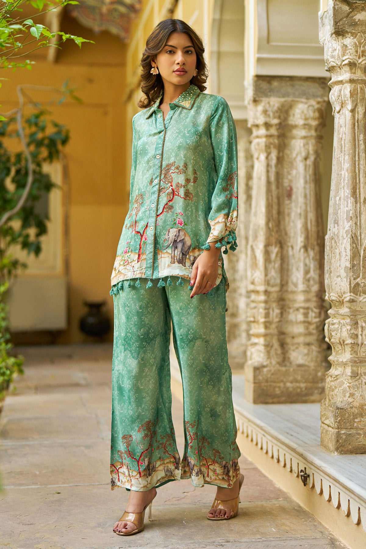 Green Crepe Silk Handwork Cord Set
