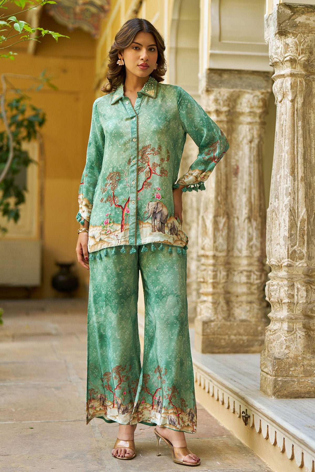 Green Crepe Silk Handwork Cord Set