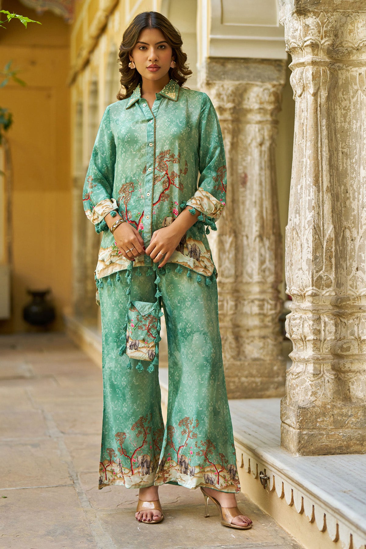 Green Crepe Silk Handwork Cord Set
